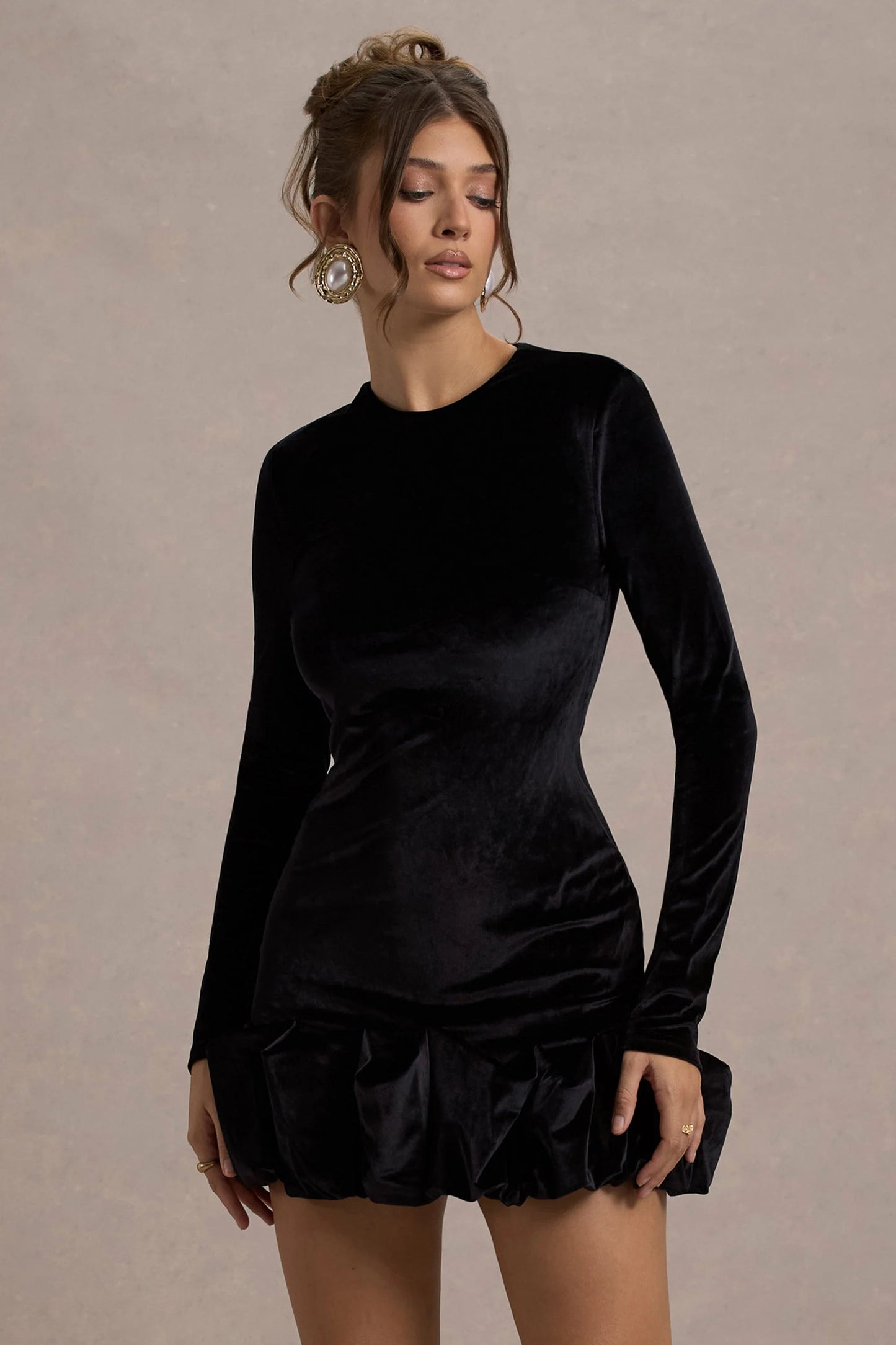 Claudine Black Velvet Long-Sleeved Ruffled Mini Dress