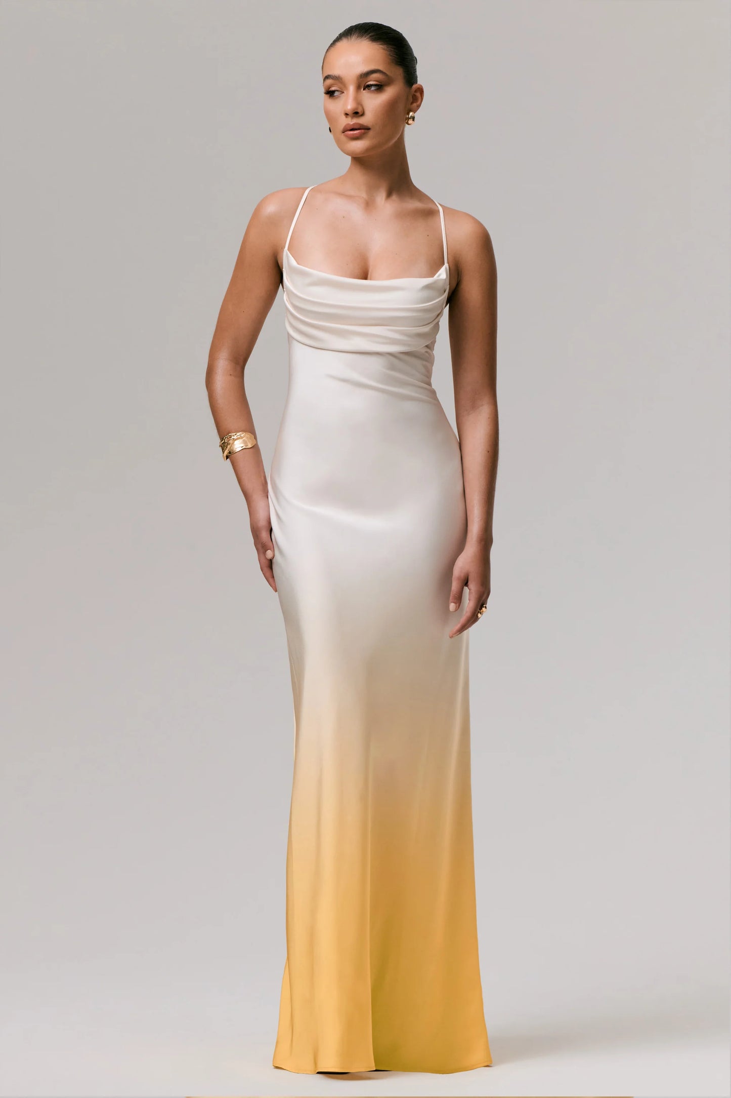 Lucie Yellow Ombre Satin Cowl-Neck Maxi Dress