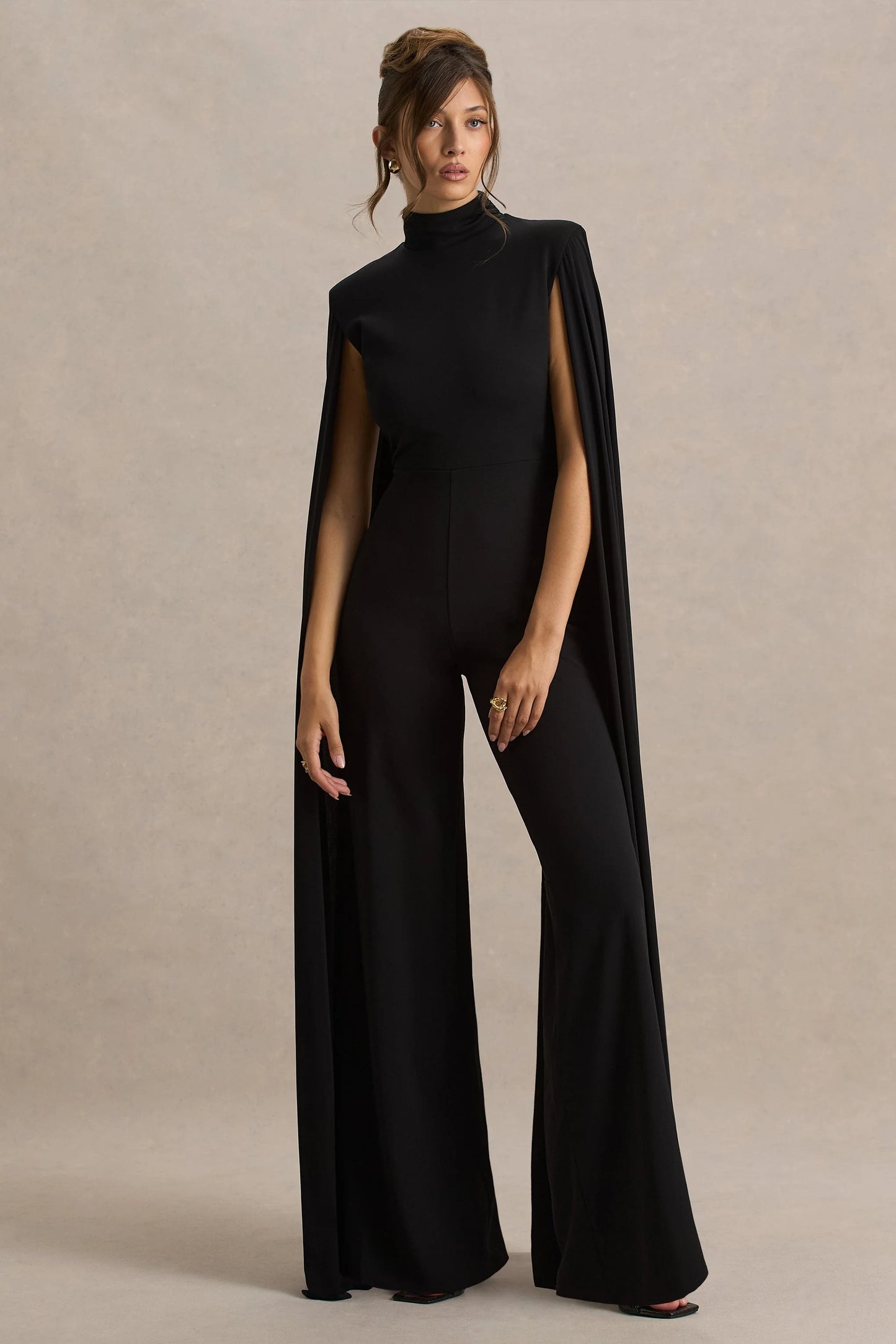 Dulcet Black High-Neck Jumpsuit With Cape Sleeves