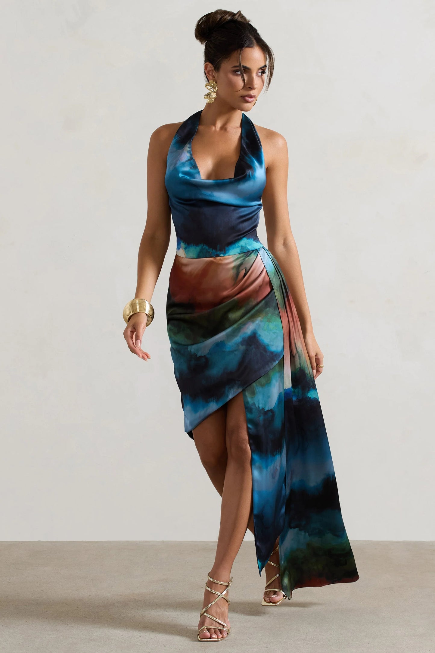 Bali Blue Blur Print Satin Cowl-Neck Draped Midi Dress