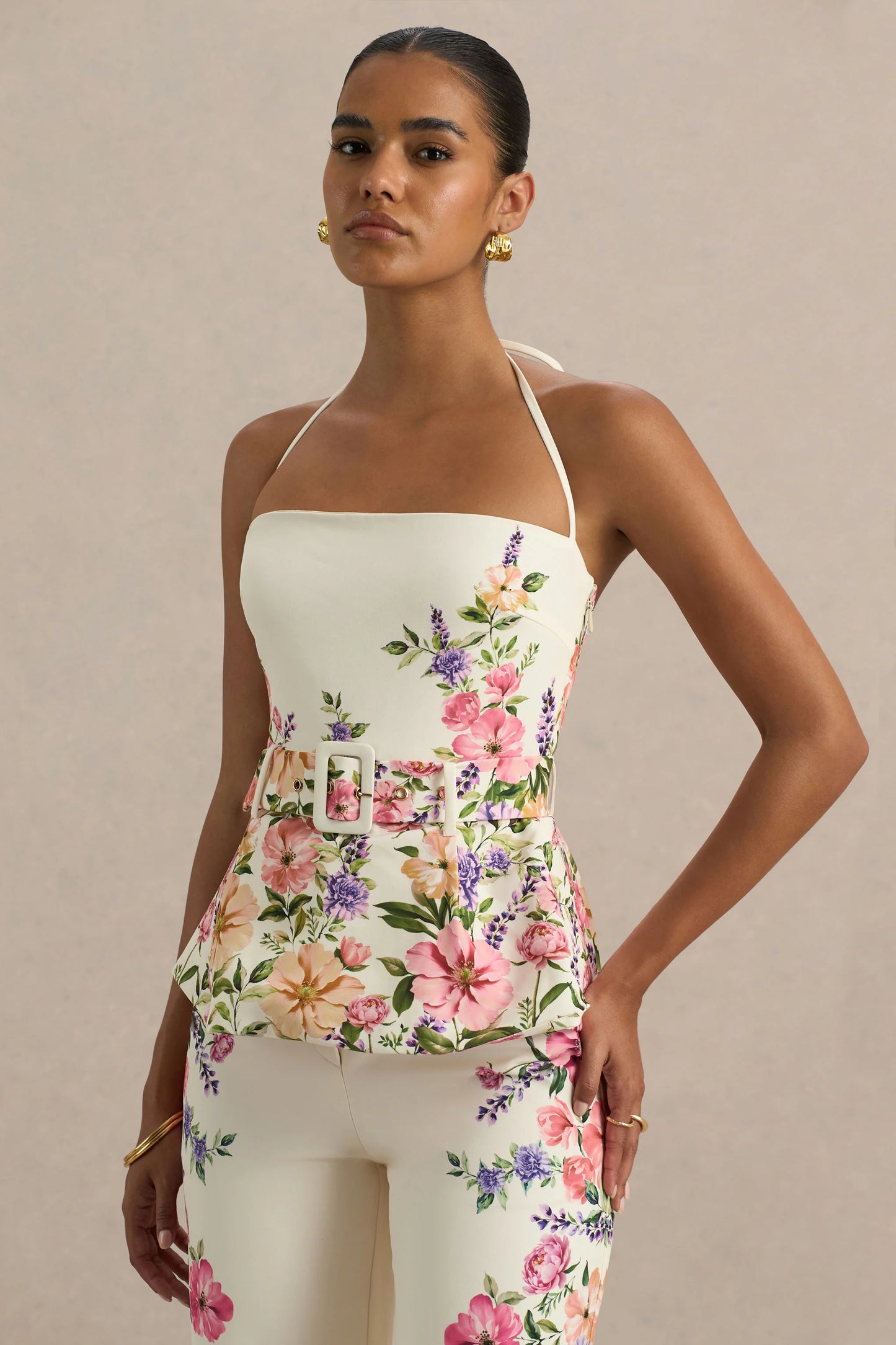 Maud White Floral Border Print Square-Neck Tailored Top