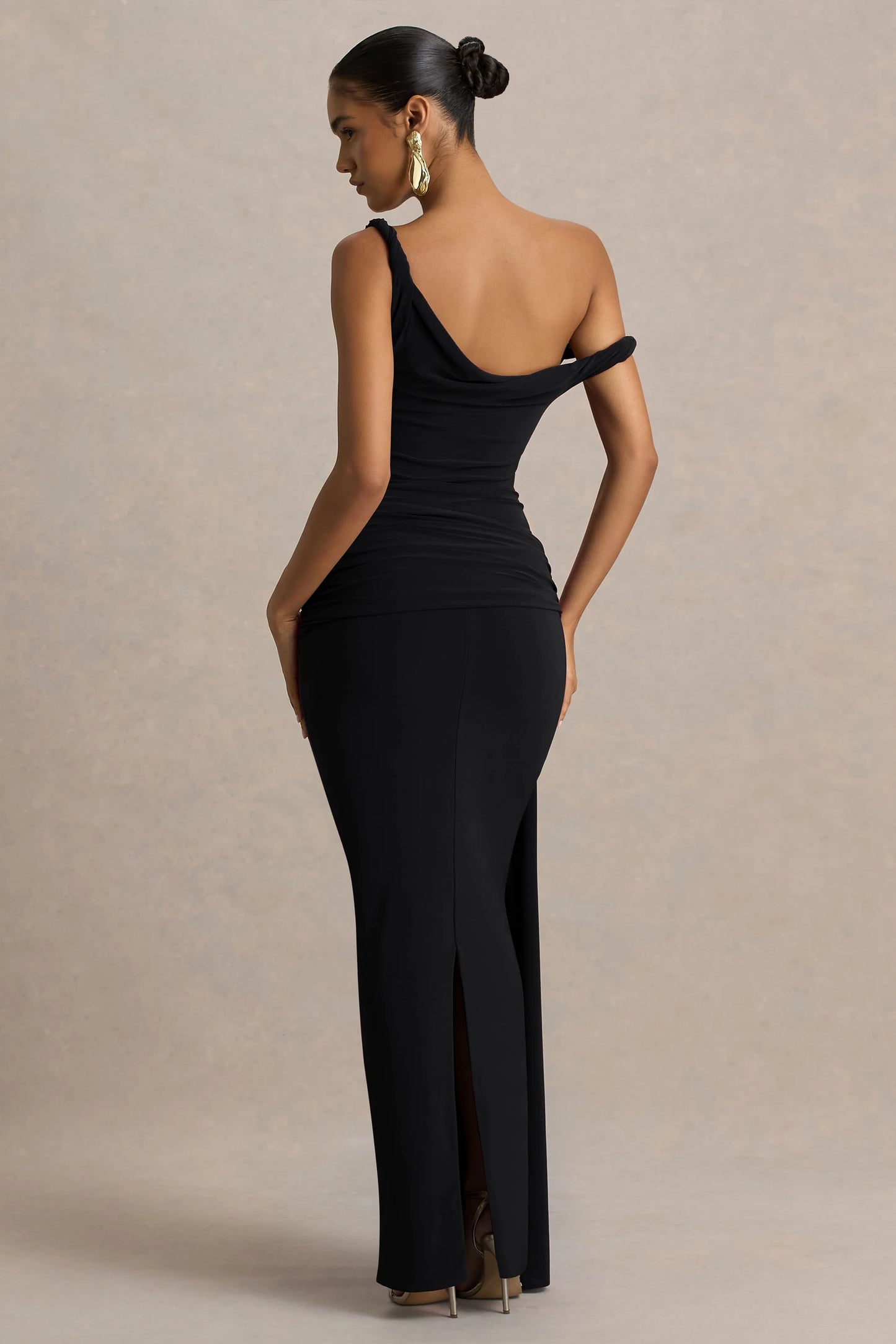 Tulisa Black Asymmetric-Neck Maxi Dress With Twist Sleeves And Ruched Detailing