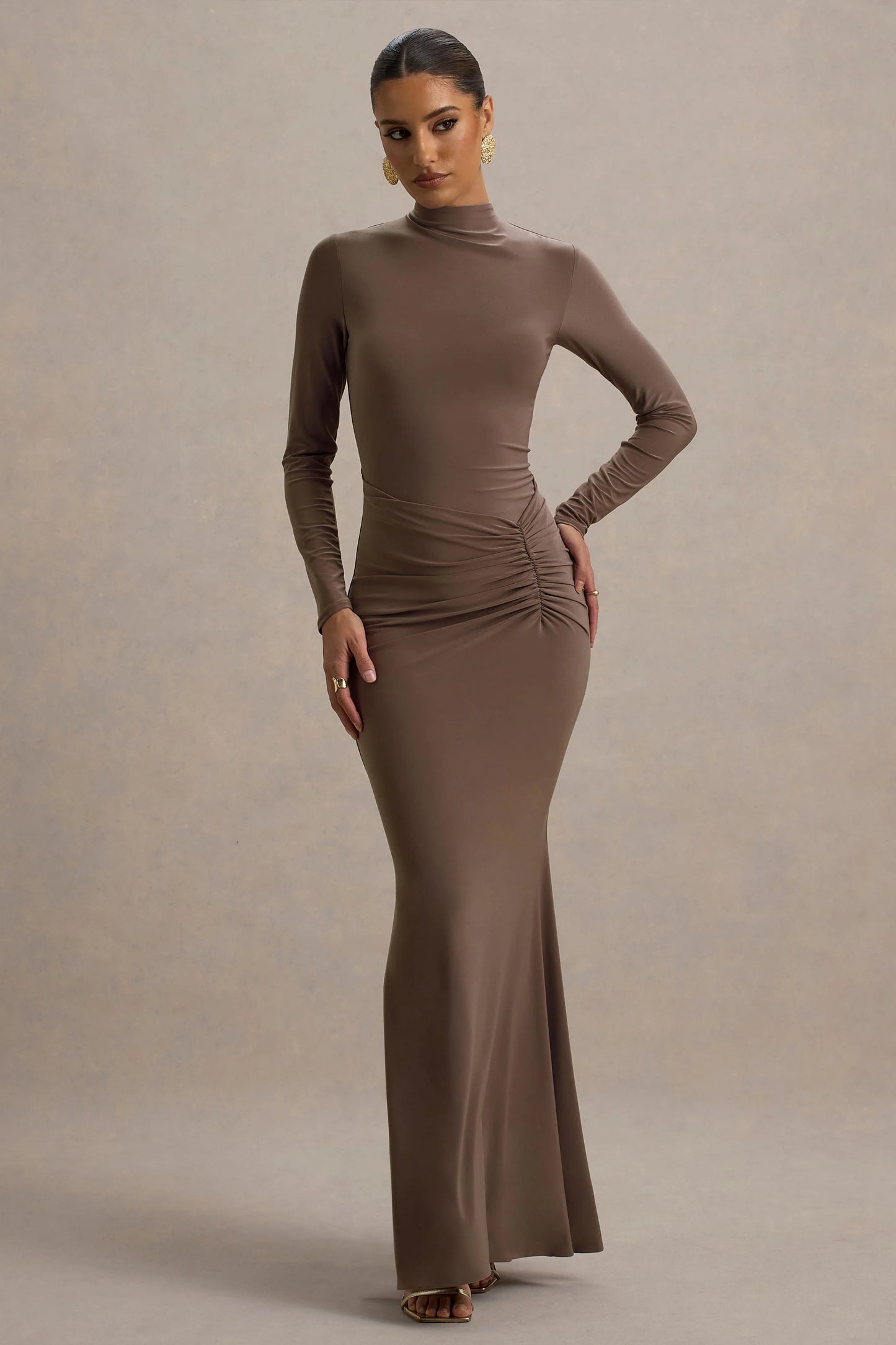 Reid Brown Long-Sleeve Gathered Maxi Dress