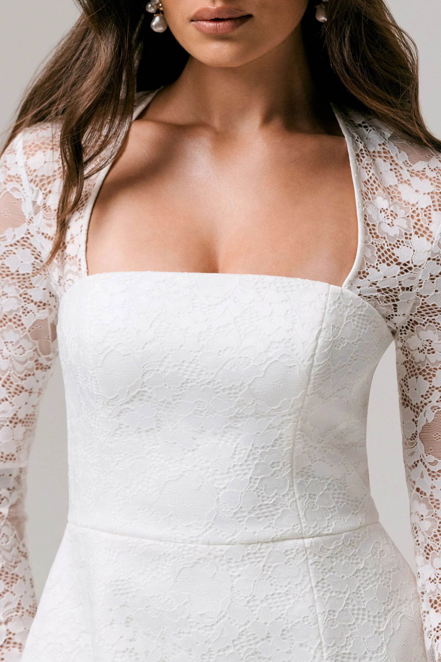 Bijou White Square-Neck Lace Long-Sleeve Mini Dress