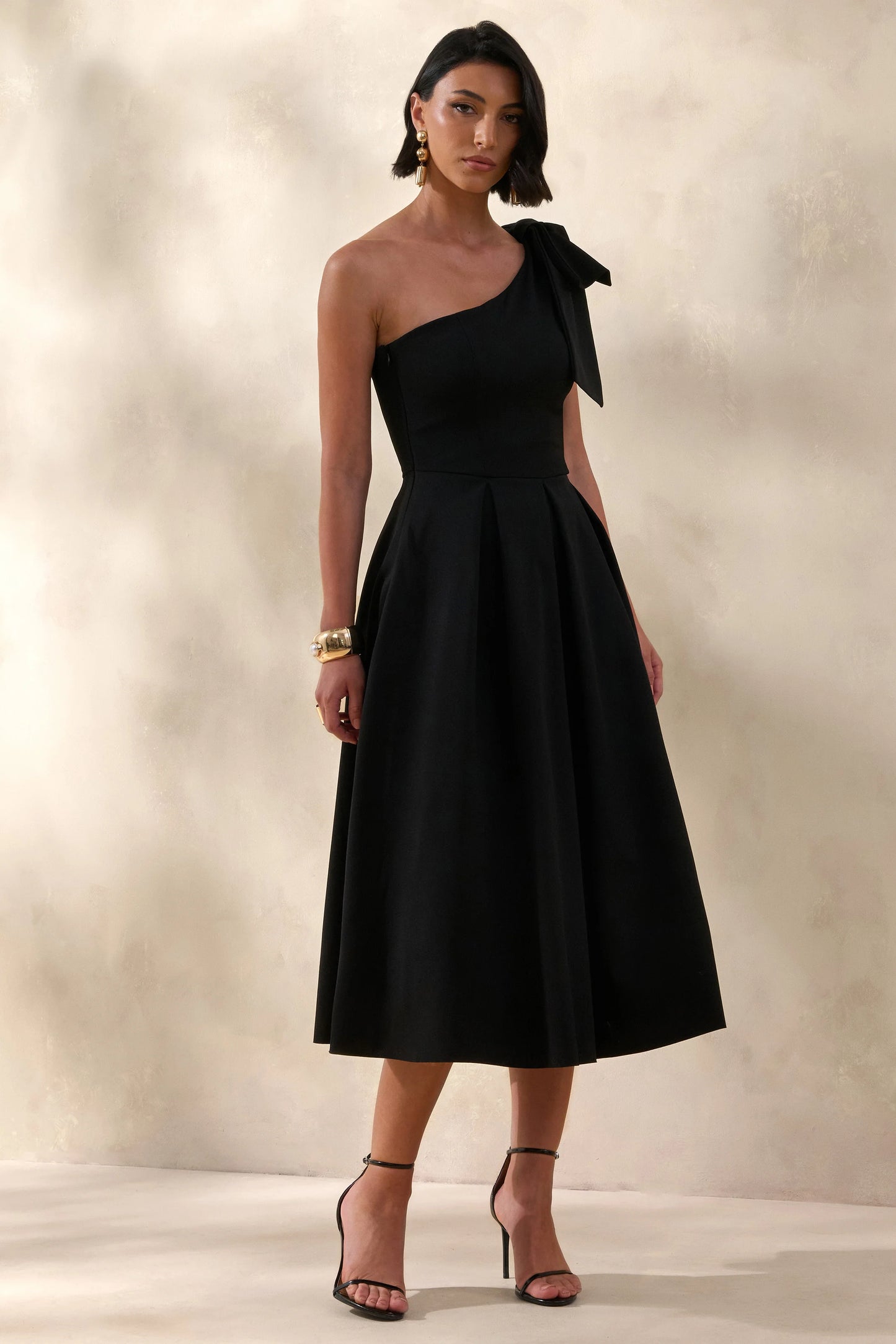 Meria Black Asymmetric-Neck Midi Dress With Bow-Sleeve