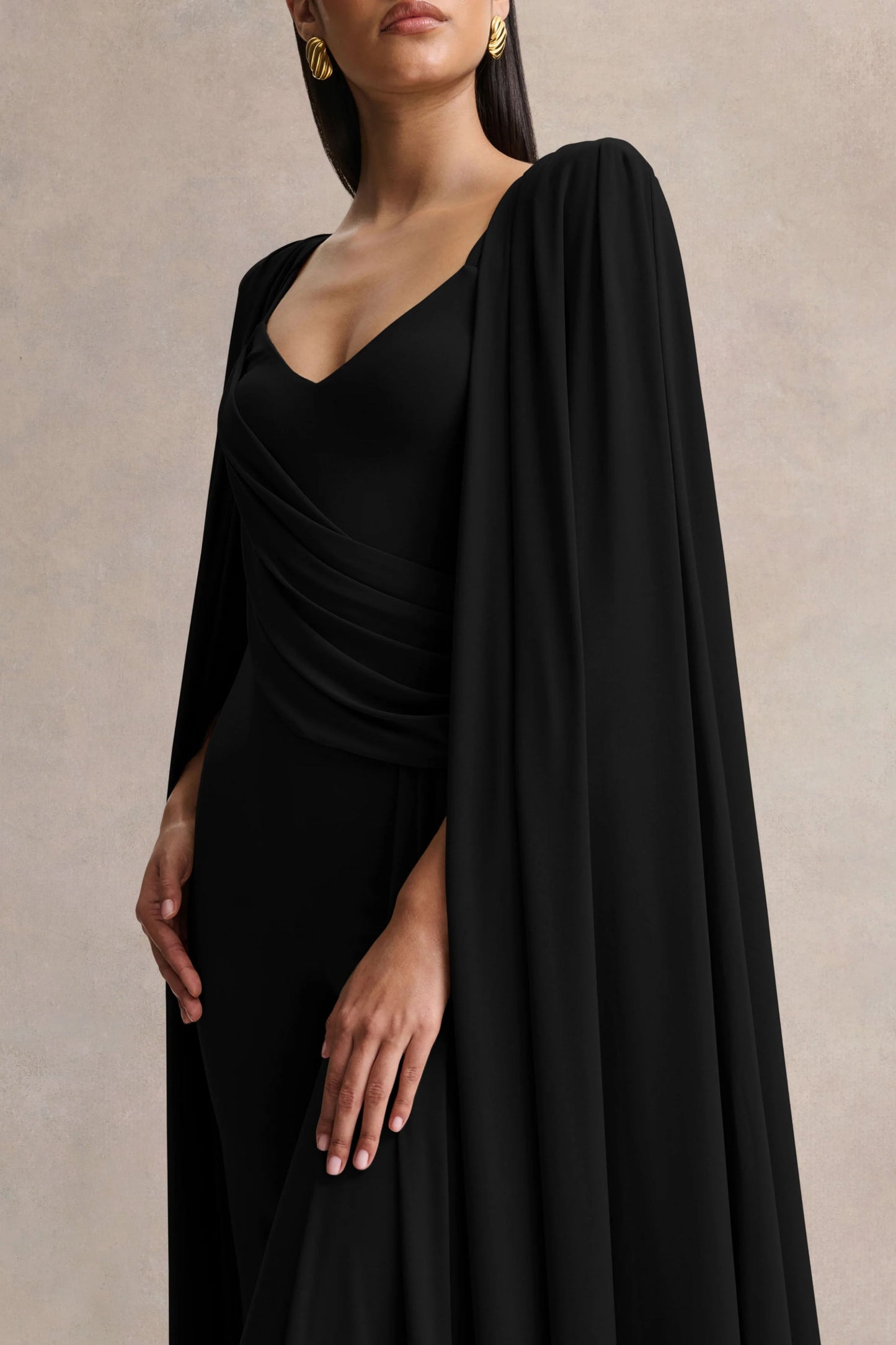 Labina Black Plunge-Neck Jumpsuit With Cape-Sleeves