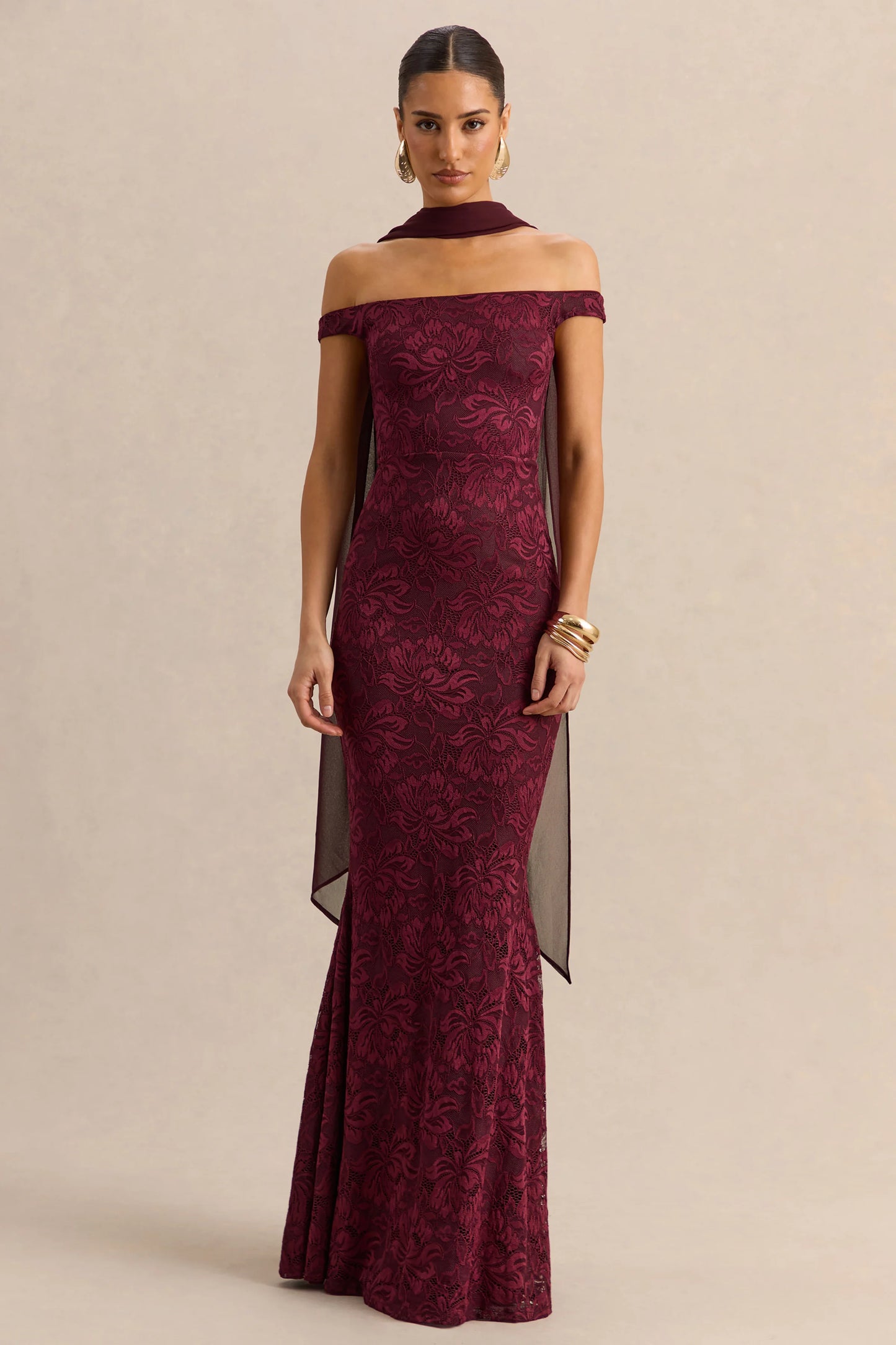Iselle Burgundy Lace Bardot-Neck Maxi Dress With Scarf-Detail
