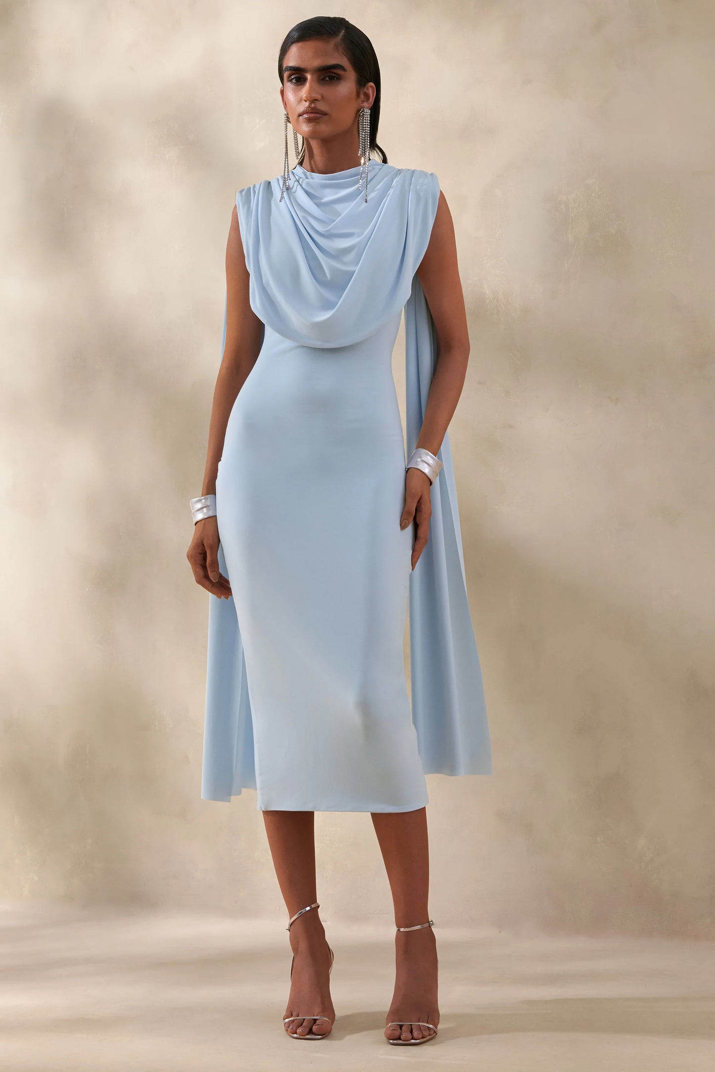 Lysandria Powder Blue High-Neck Midi Dress With Draped-Detailing