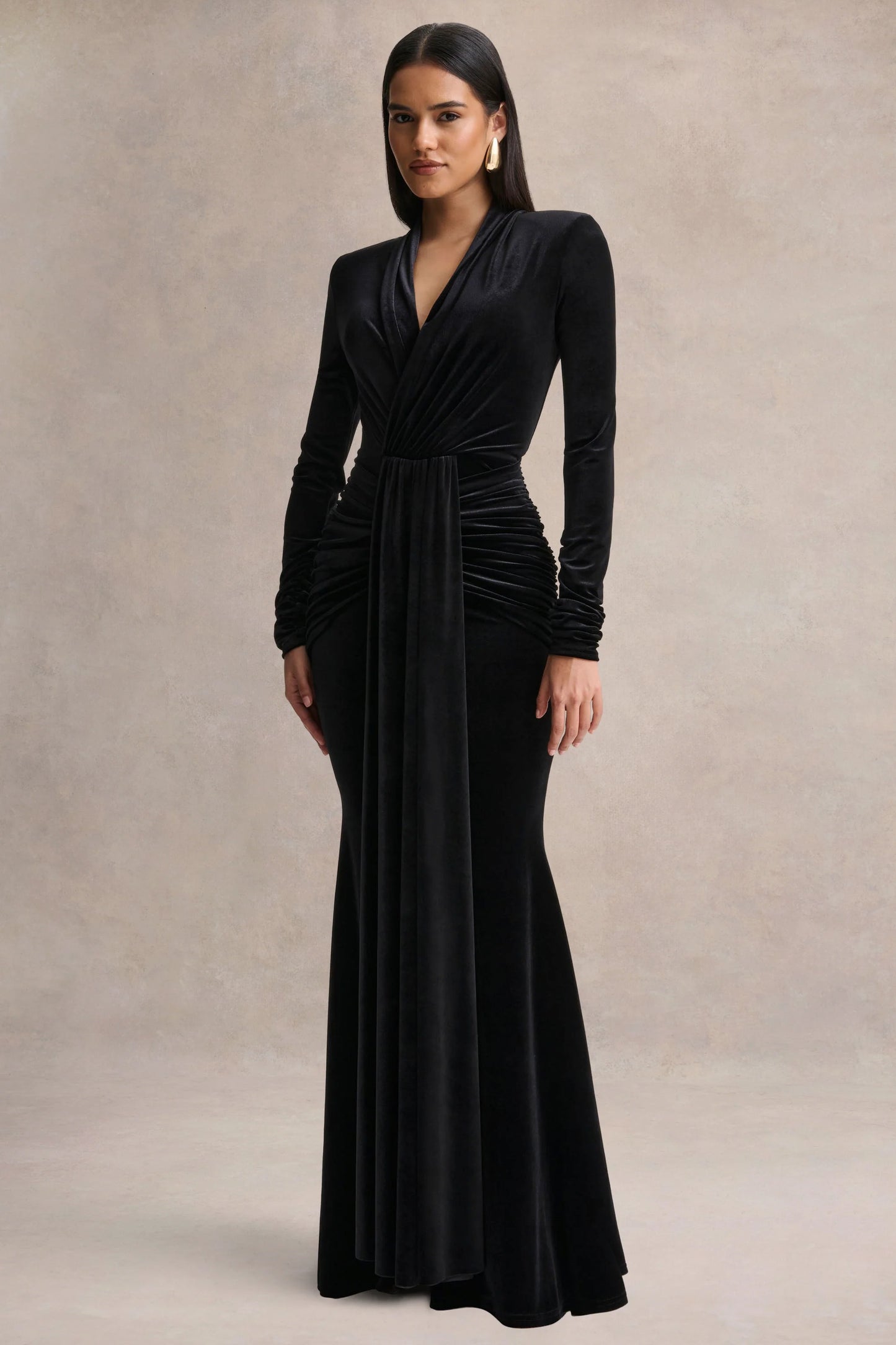 Halima Black Velvet Plunge-Neck Maxi Dress With Gathered Detailing