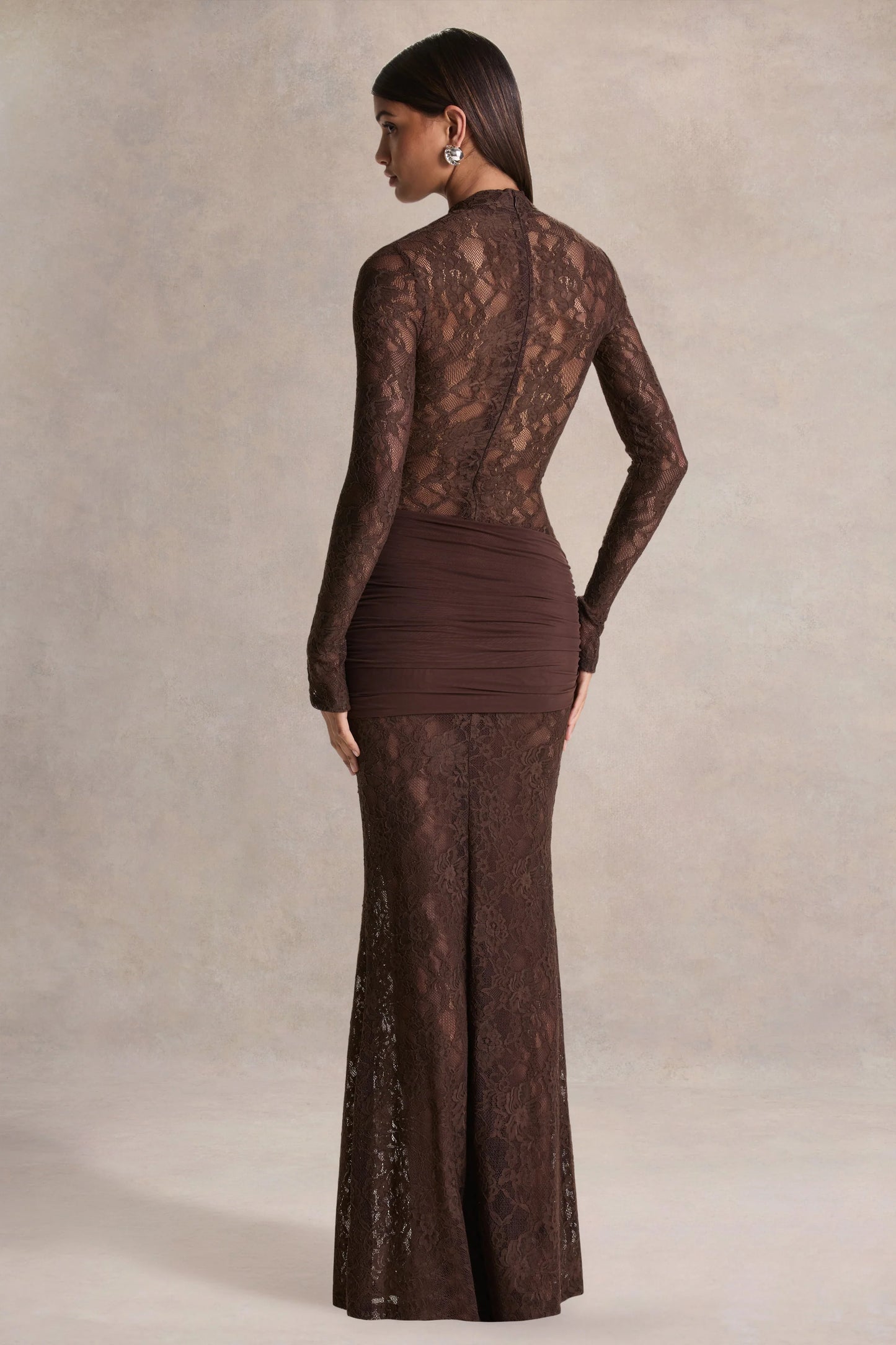 Akira Brown Lace Maxi Dress With Sash-Detail