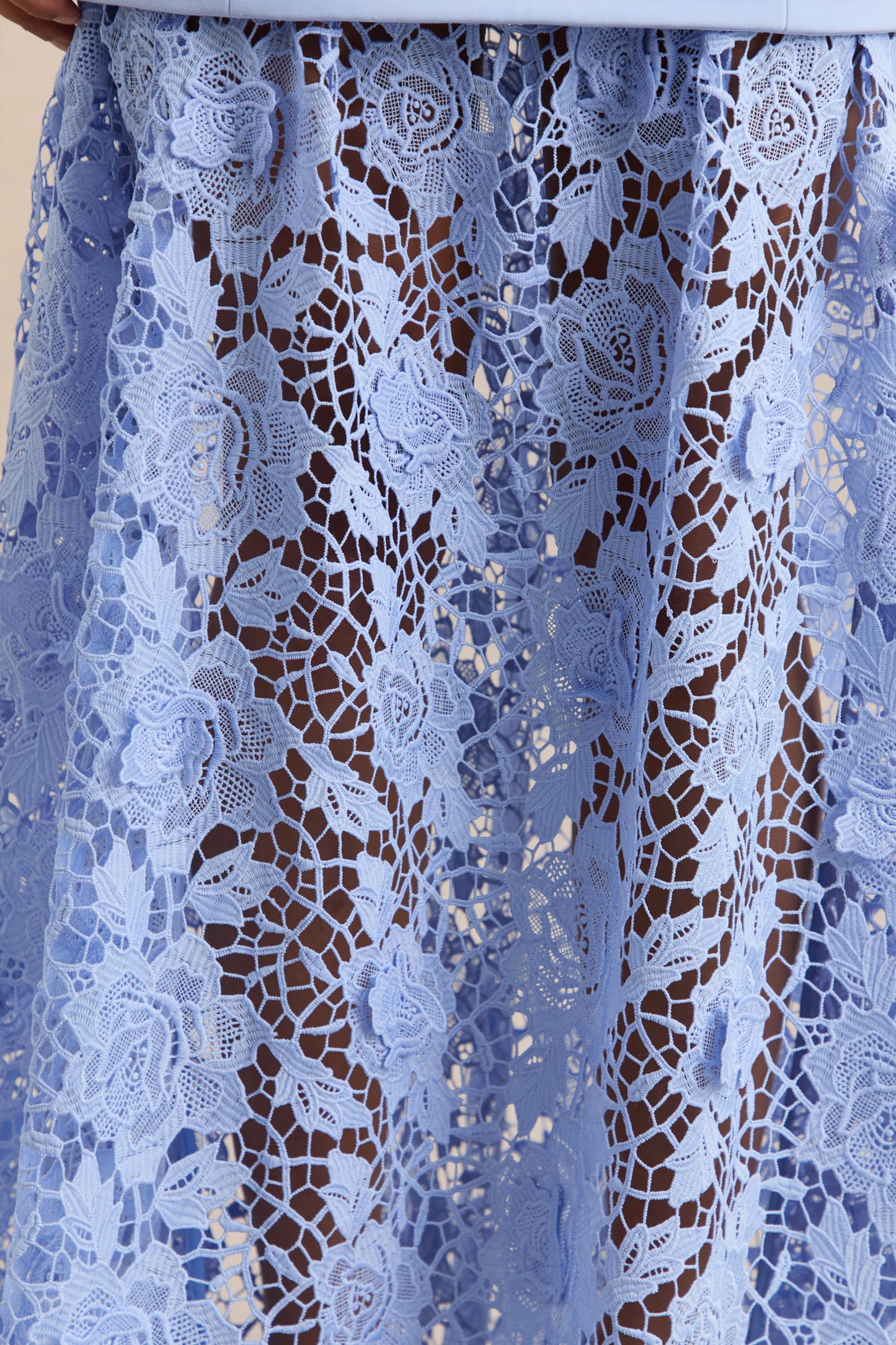 Verena Powder Blue Boat-Neck Belted Maxi Dress With Lace Skirt
