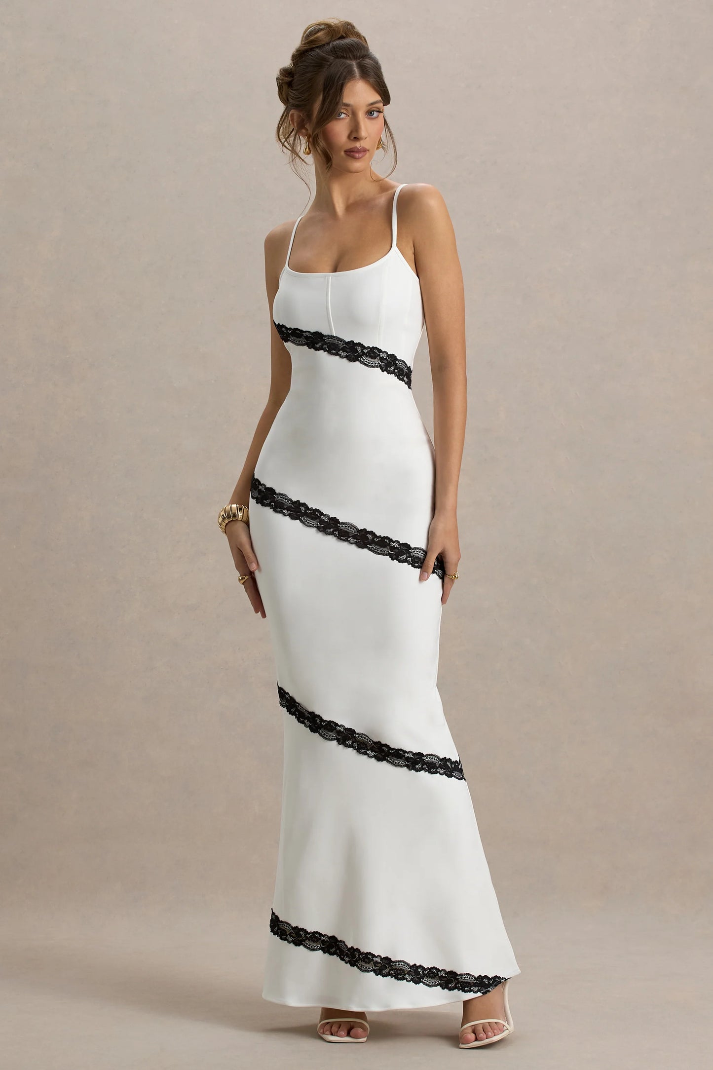 Elizabeth White & Black Strappy Lace-Trimmed Maxi Dress