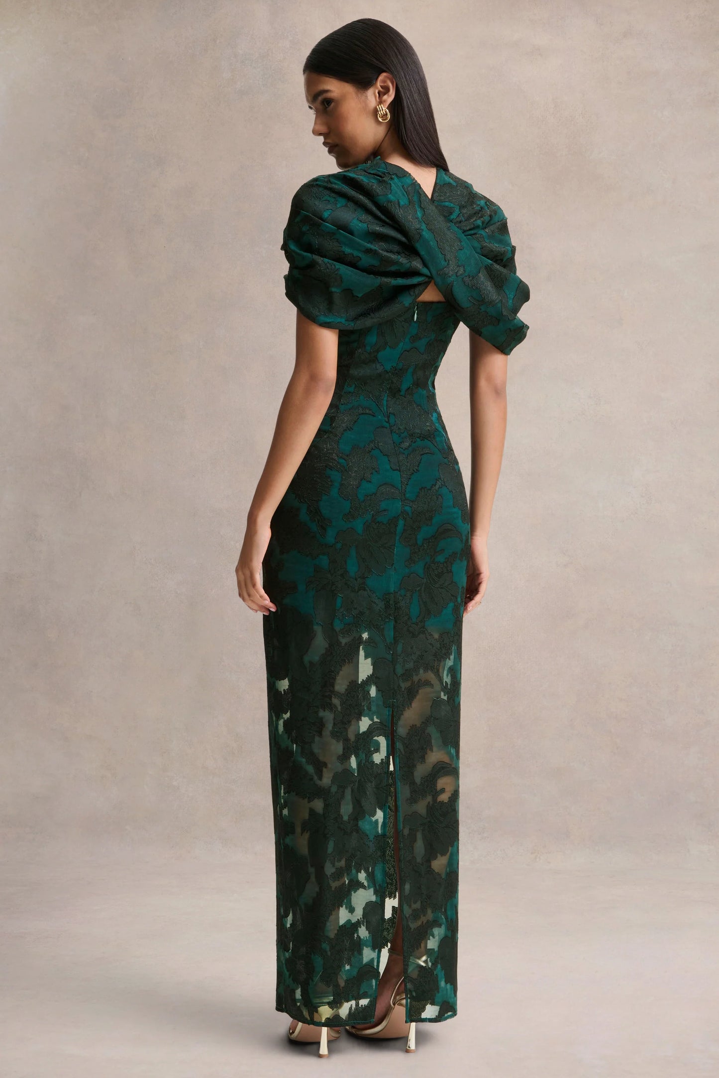 Hada Dark Green Satin Devore Square-Neck Maxi Dress With Removable Twisted-Cape