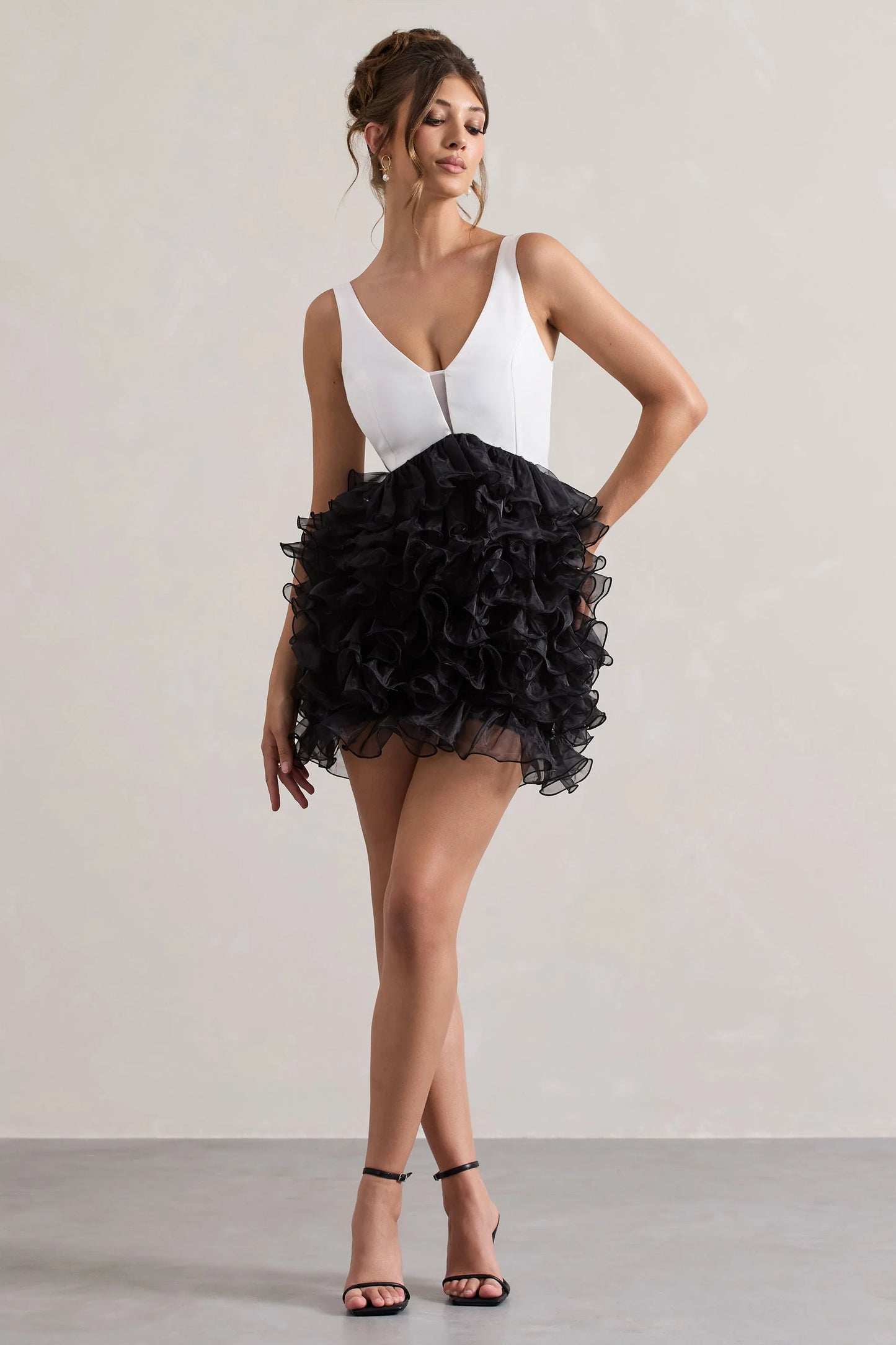 Riot Black & White Plunge-Neck Mini Dress With Organza Skirt
