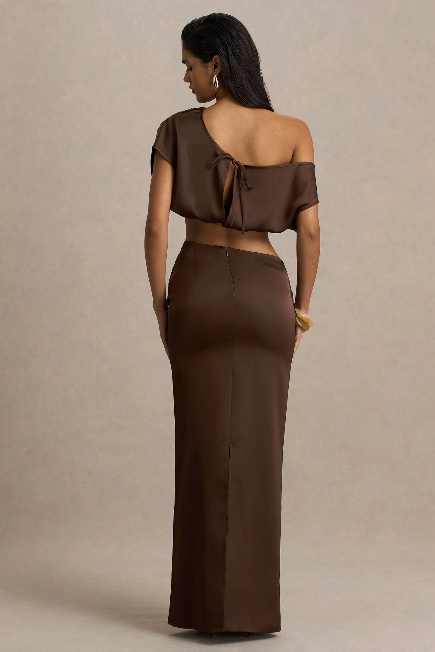 Megan Brown Satin Wrap Maxi-Skirt With Gathered Detailing