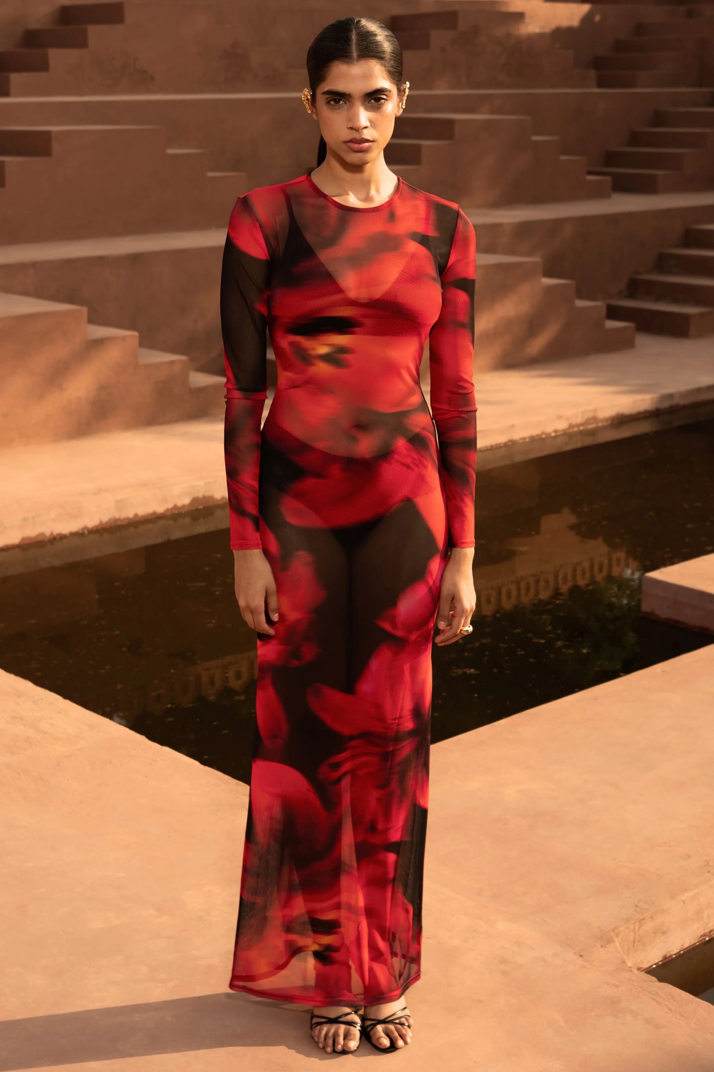 Marcy Red And Black Floral Print High-Neck Maxi Dress