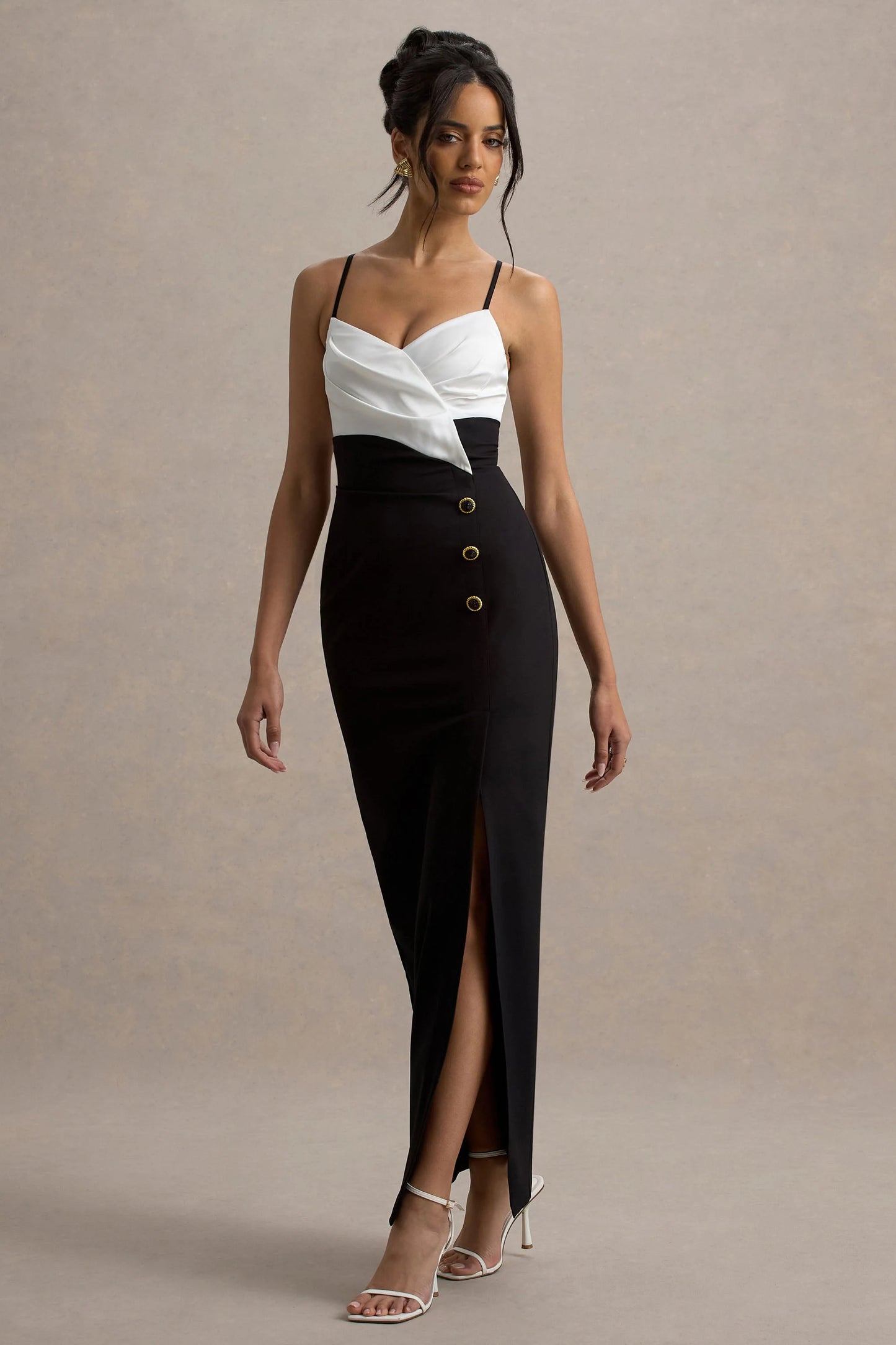 Rosalind Black & White Strappy Tailored Maxi Dress With Split