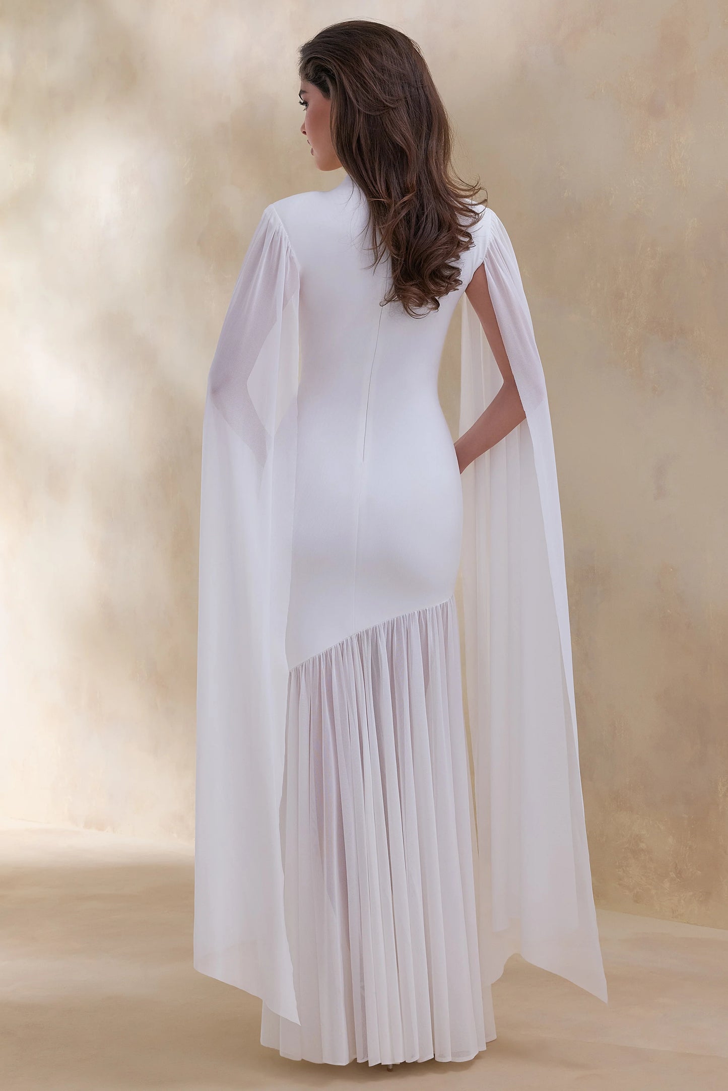 Chantelle White High-Neck Maxi Dress With Drop-Waist And Cape-Sleeves