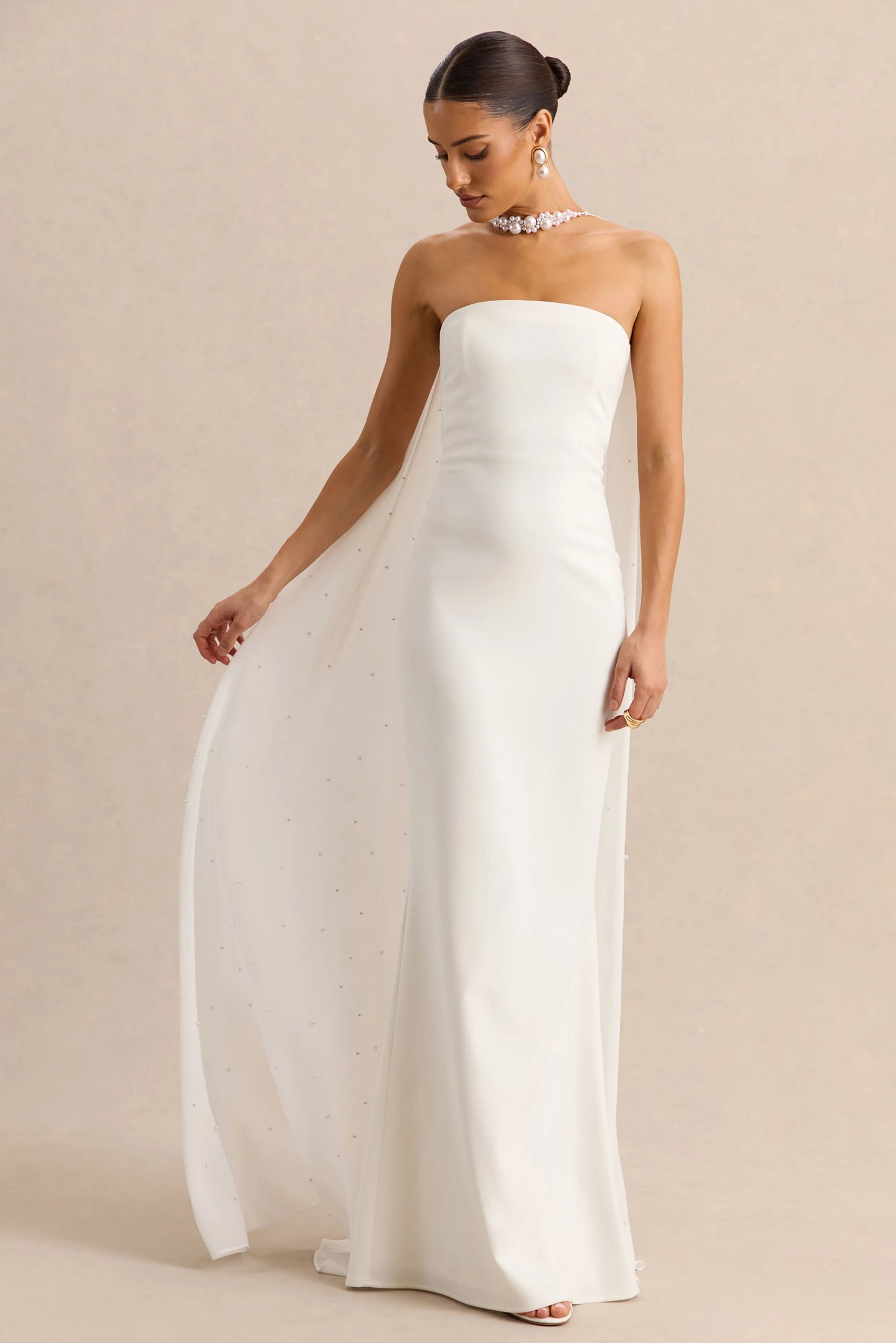 Alina White Bandeau Maxi-Dress With Cape