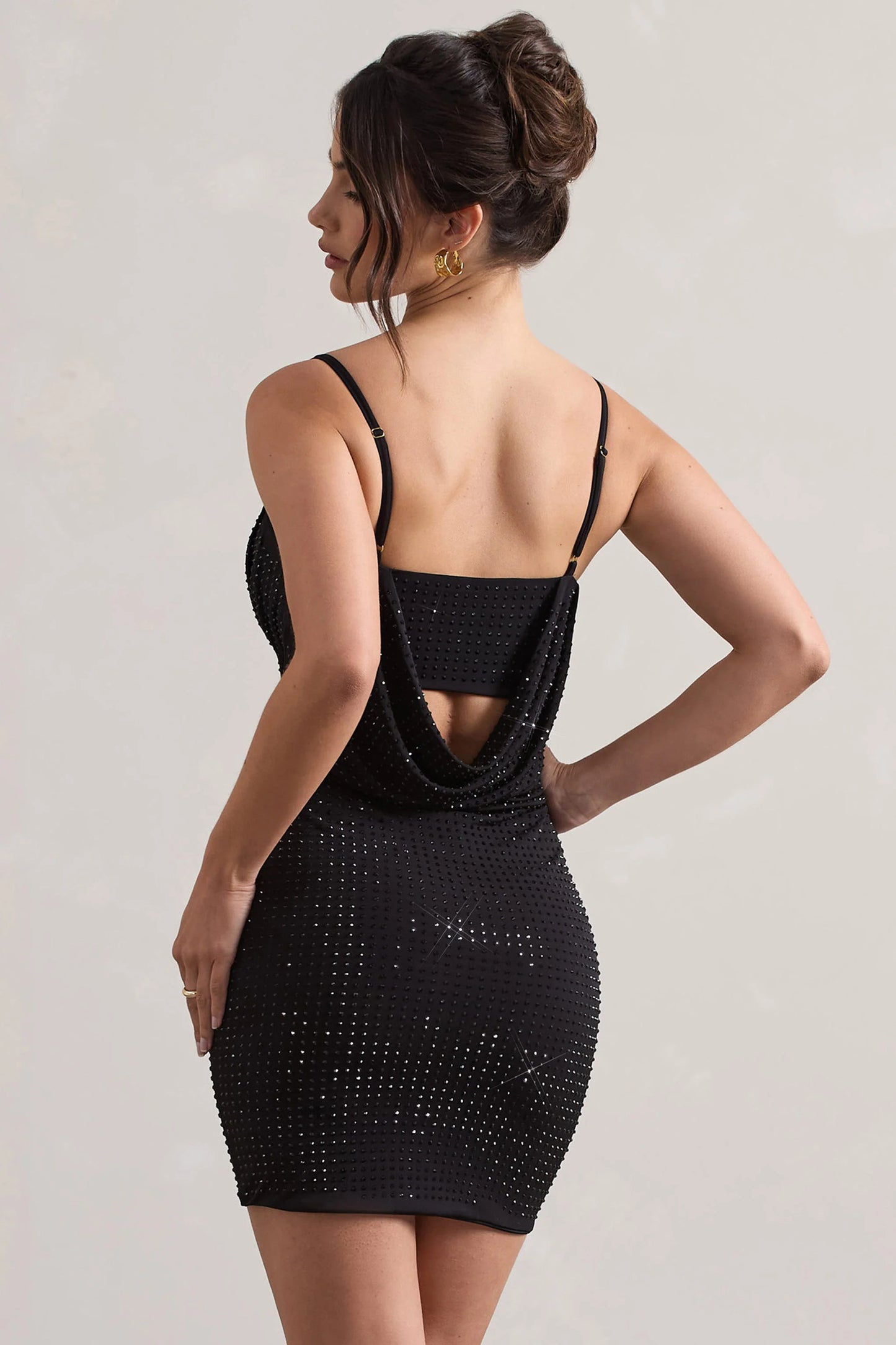 Last Dance Black Embellished Strappy Cowl-Neck Mini Dress