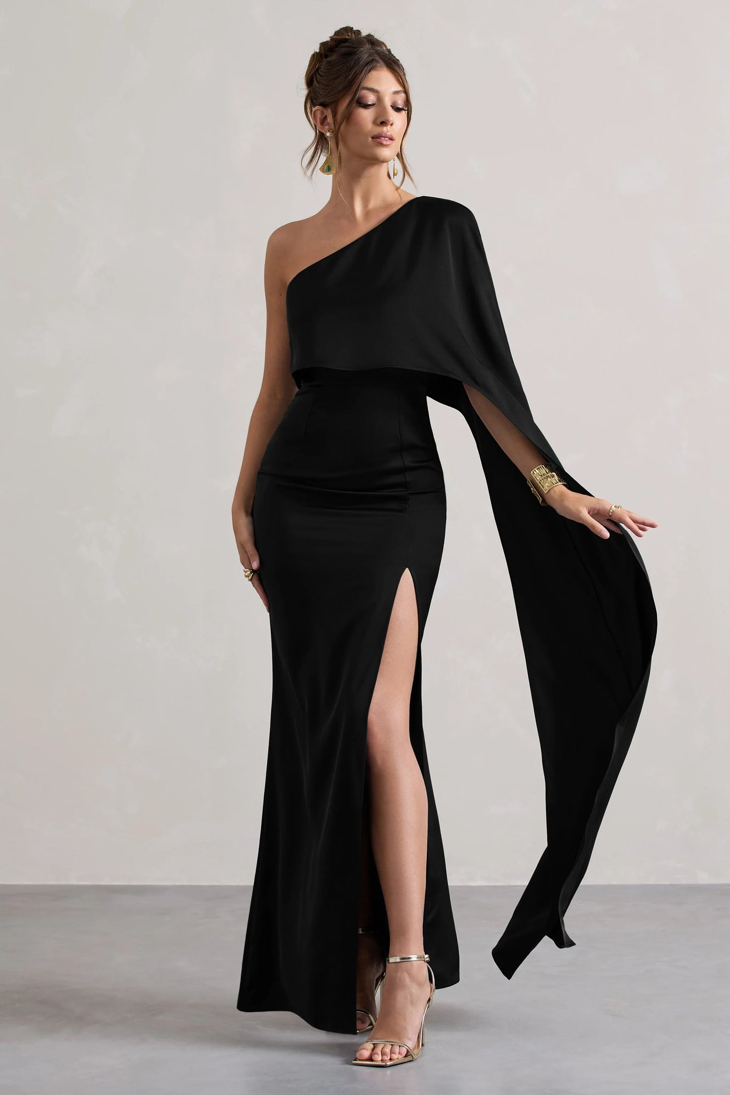 Amora Black Satin Asymmetric Cape-Sleeve Split Maxi Dress