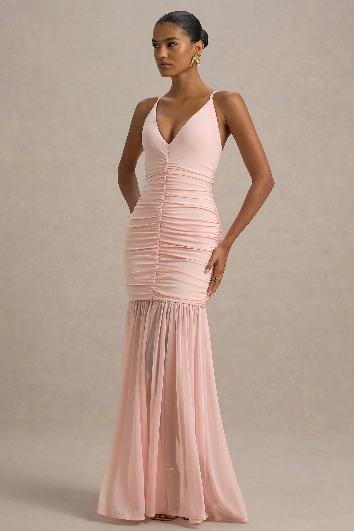 Pasqualina Pink Ruched Plunge-Neck Maxi Dress