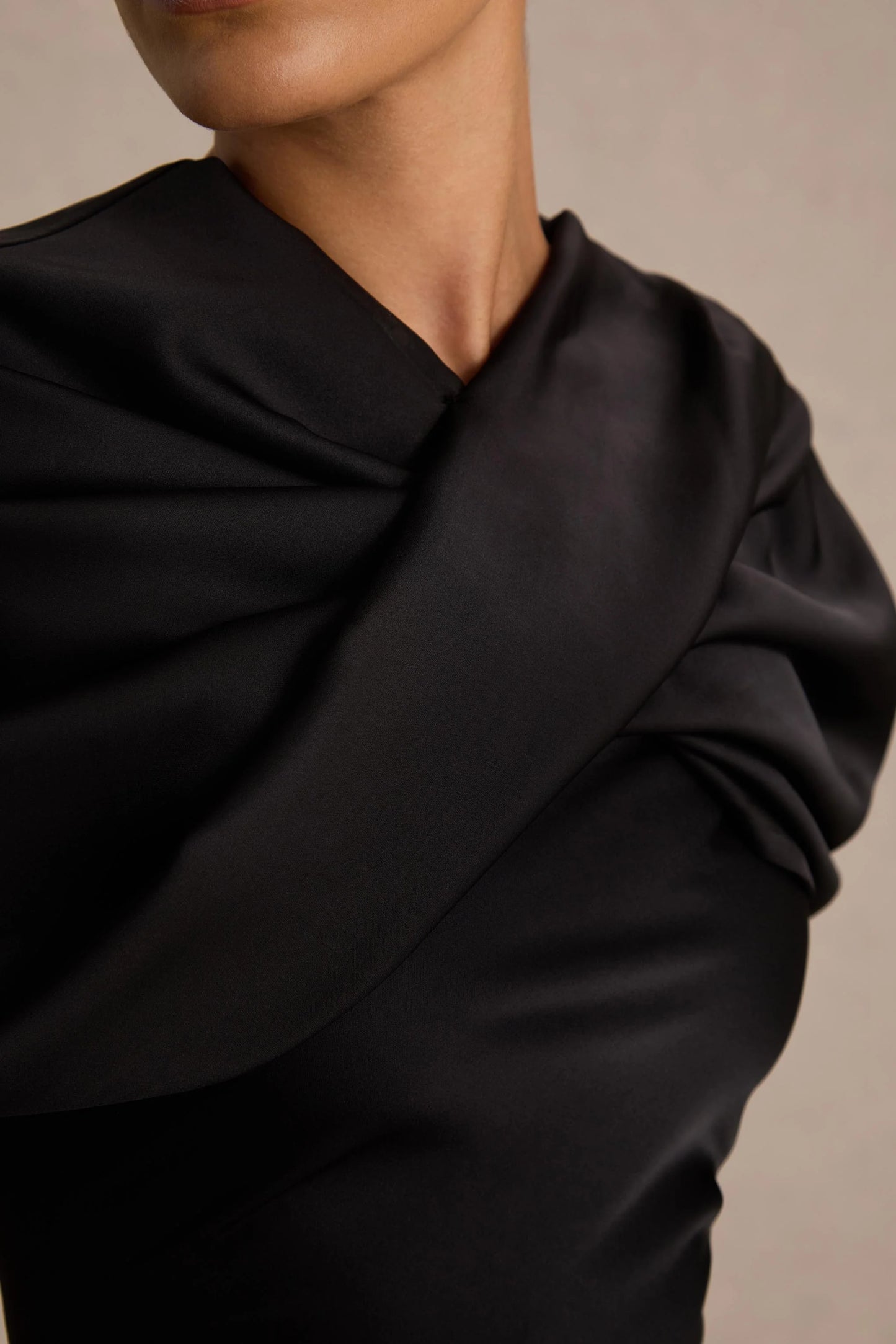 Yoli Black Satin Maxi Dress With Removable Twist-Cape