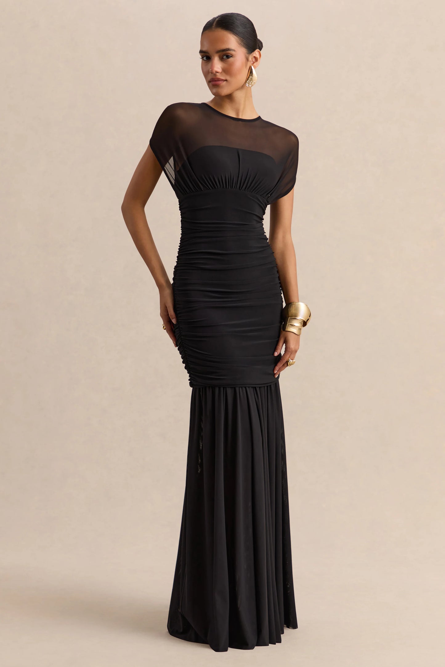 Kalene Black Wide-Neck Maxi Dress With Sheer-Detailing