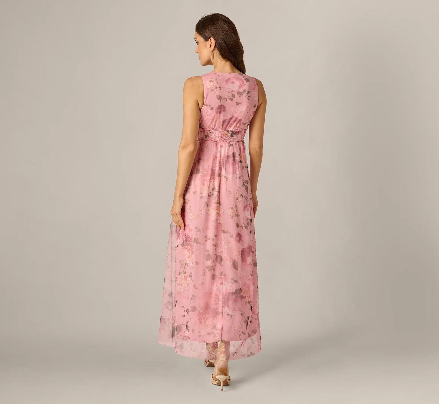 Floral Print Mesh Smocked Maxi Dress In Blush Multi