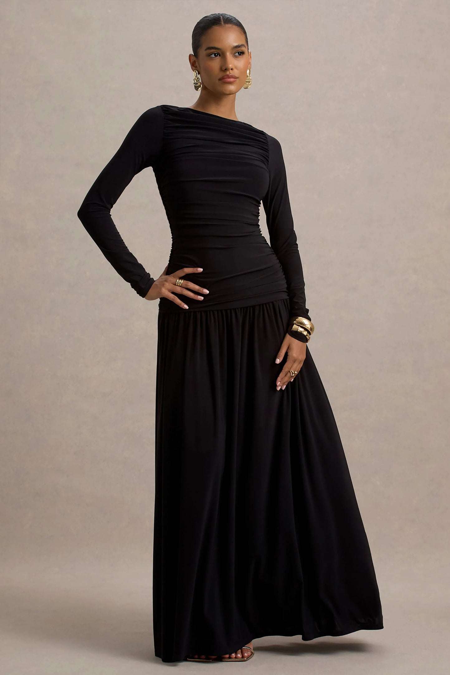 Aniyah Black High-Neck Maxi Dress With Ruched Detailing