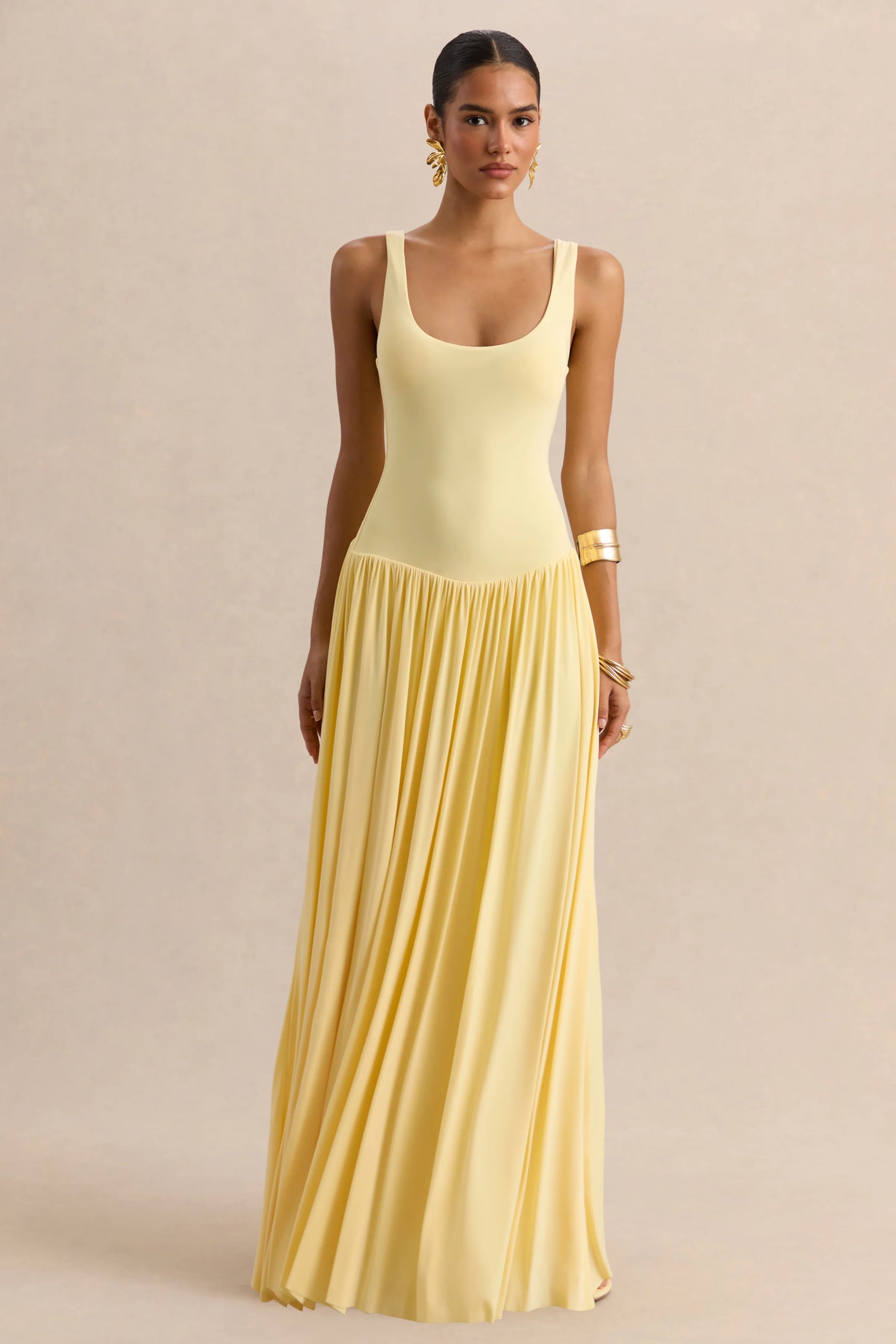 Aurina Lemon Square-Neck Maxi Dress With Scarf-Detail