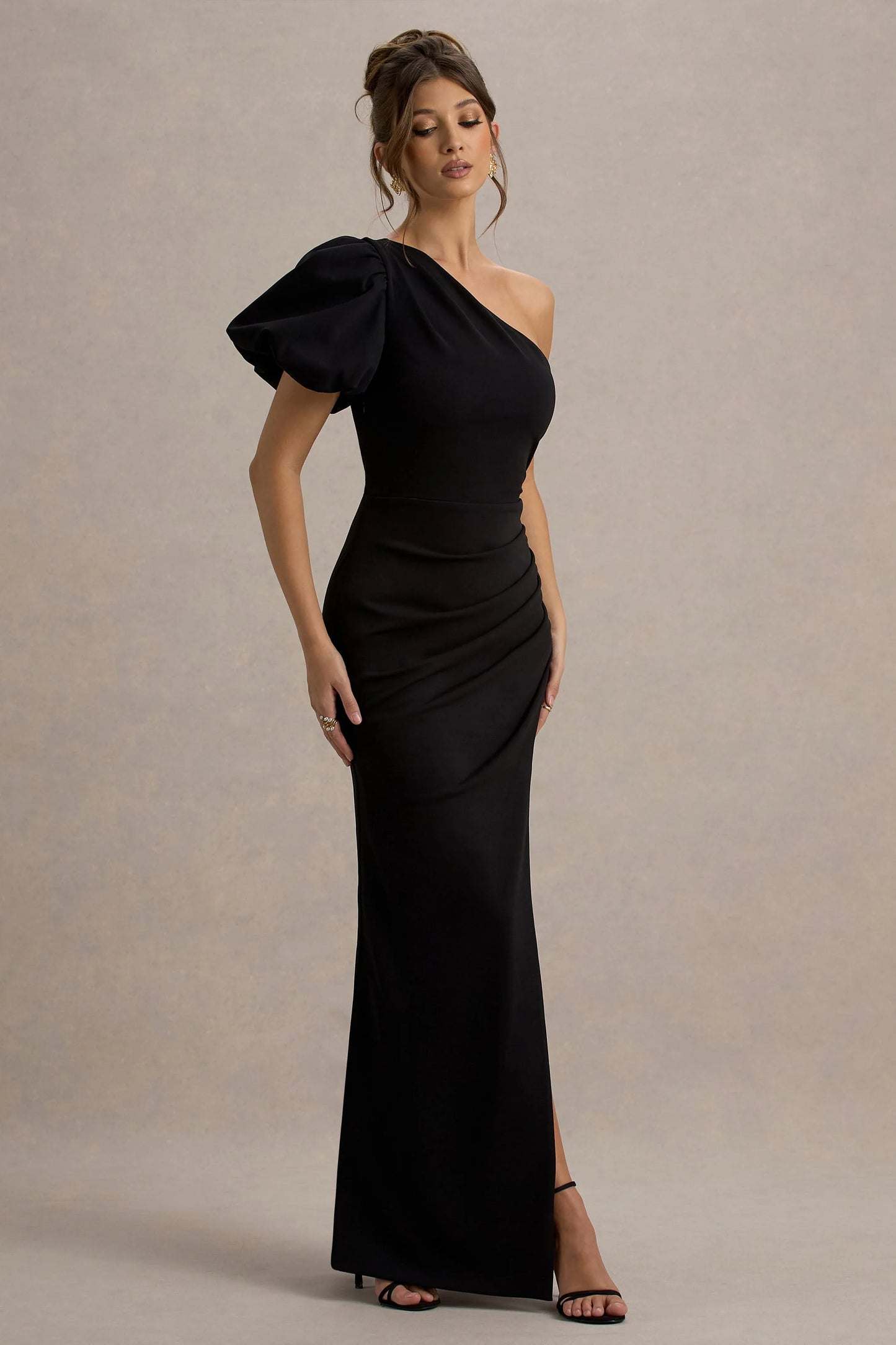 Vittoria Black Asymmetric Puff-Sleeve Split Maxi Dress