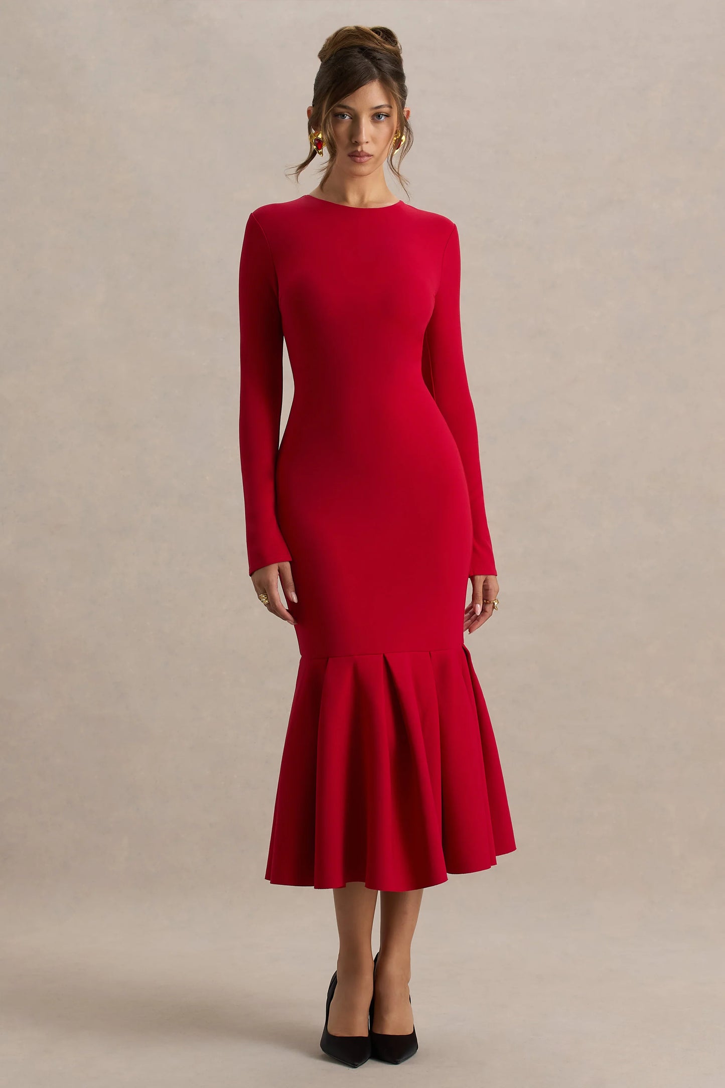 Liberty Red High Neck Mermaid Midi Dress With Ruffling Detail