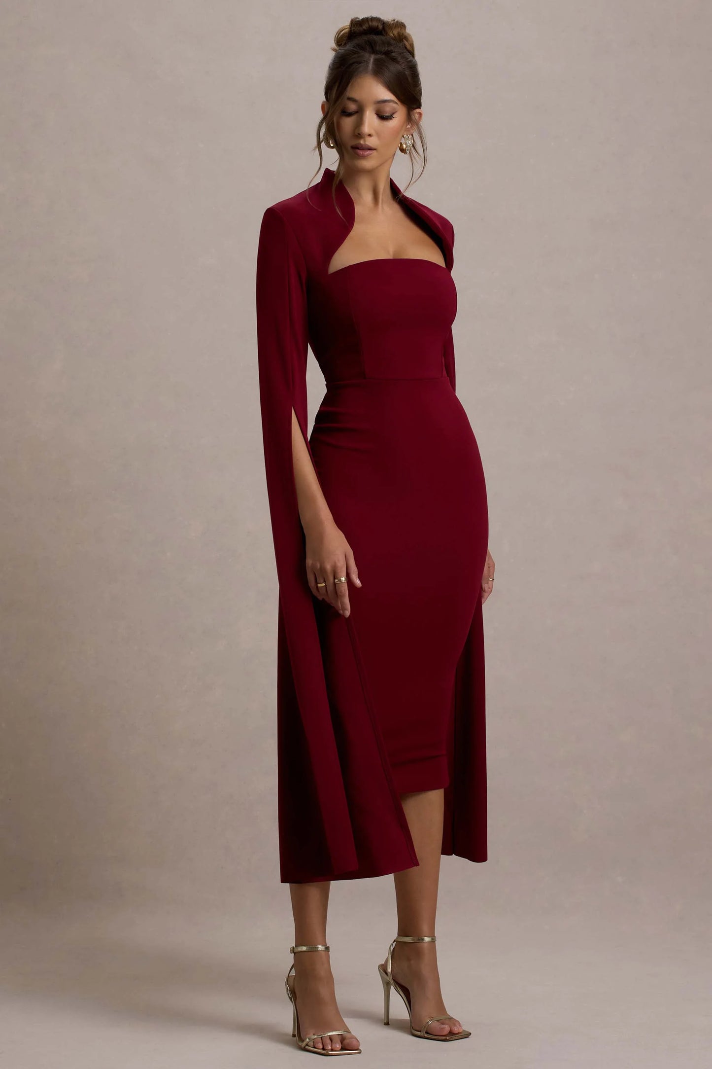 Linden Berry Bodycon Cape-Sleeve Midi Dress