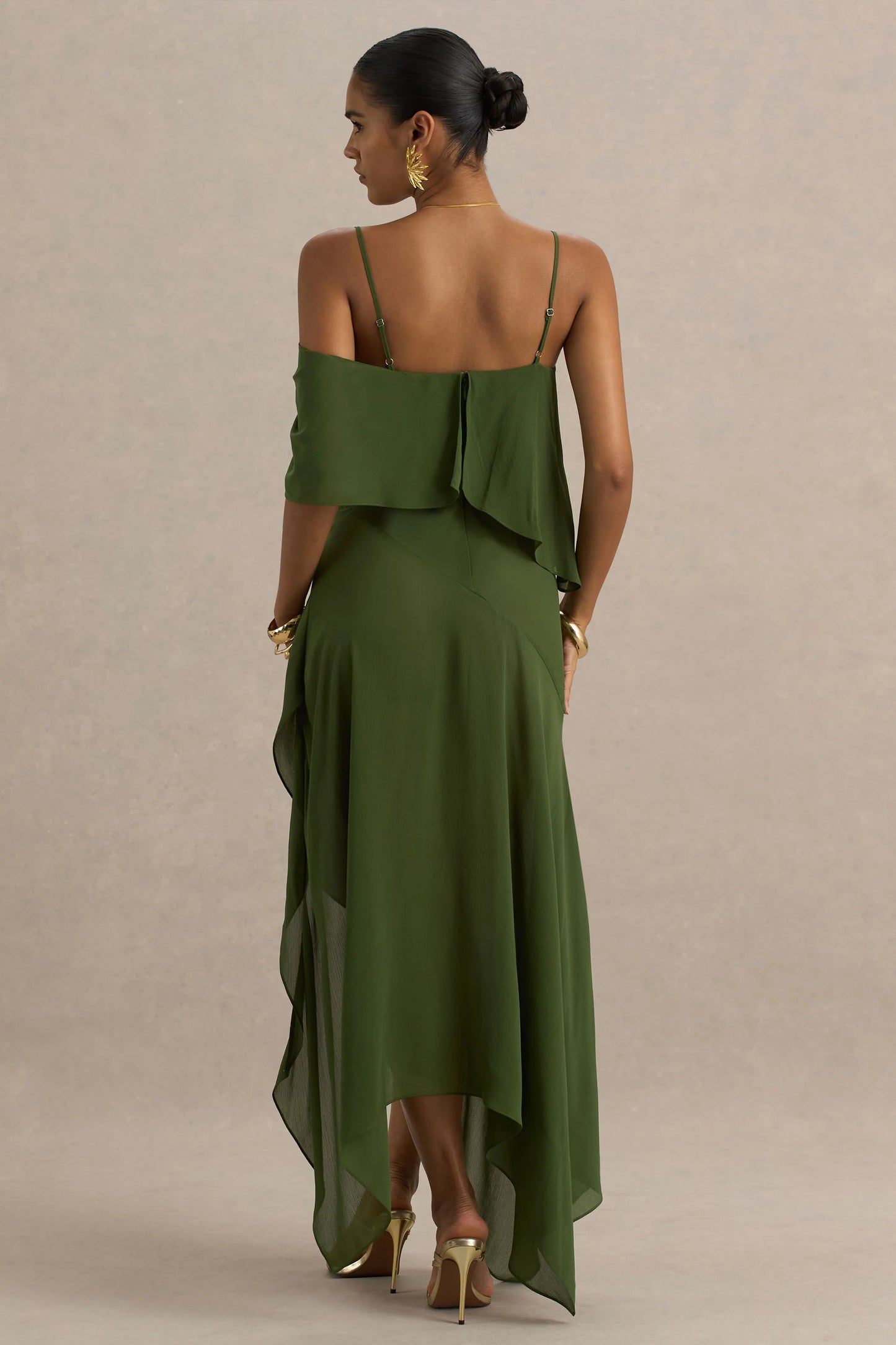 Tiara Green Asymmetric Midi Dress With Draping Detailing and Open-Back