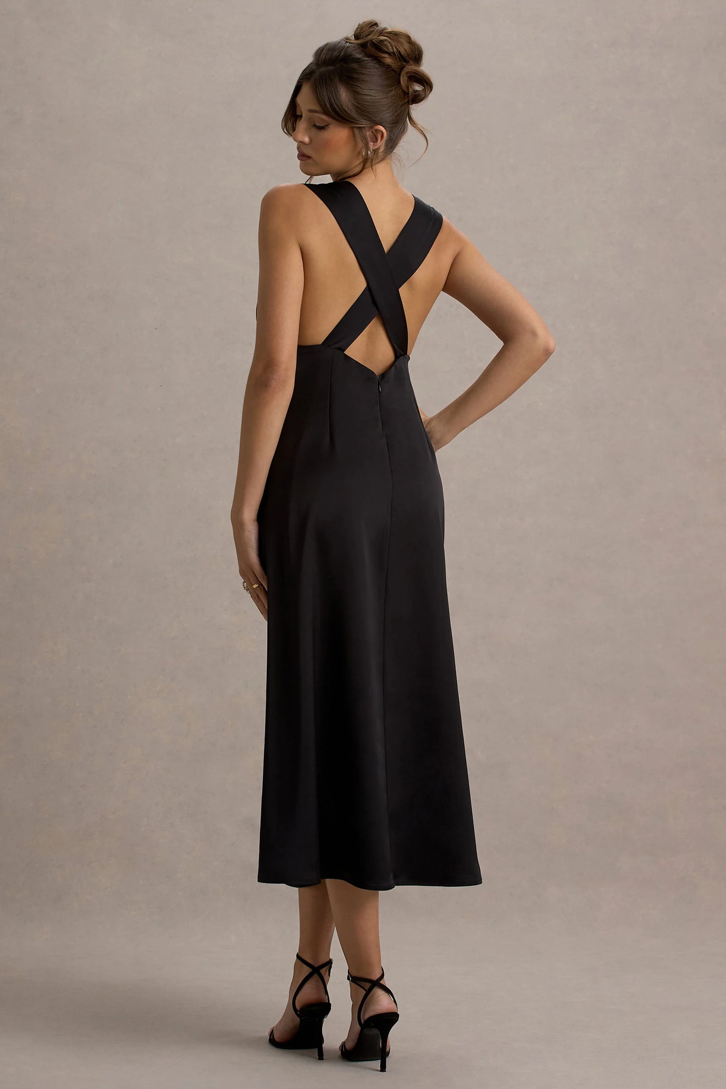 Beck Black Satin Plunge-Neck Cross-Back Midi Dress