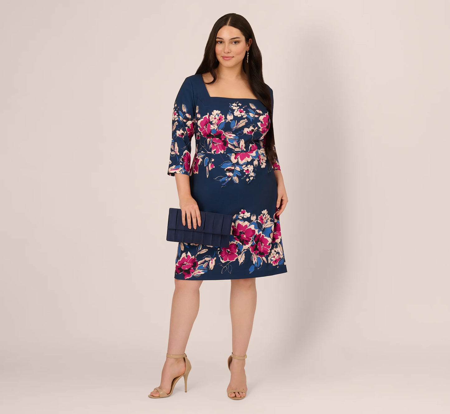 Plus Size Three Quarter Sleeve Floral Sheath Dress In Navy Pink Multi