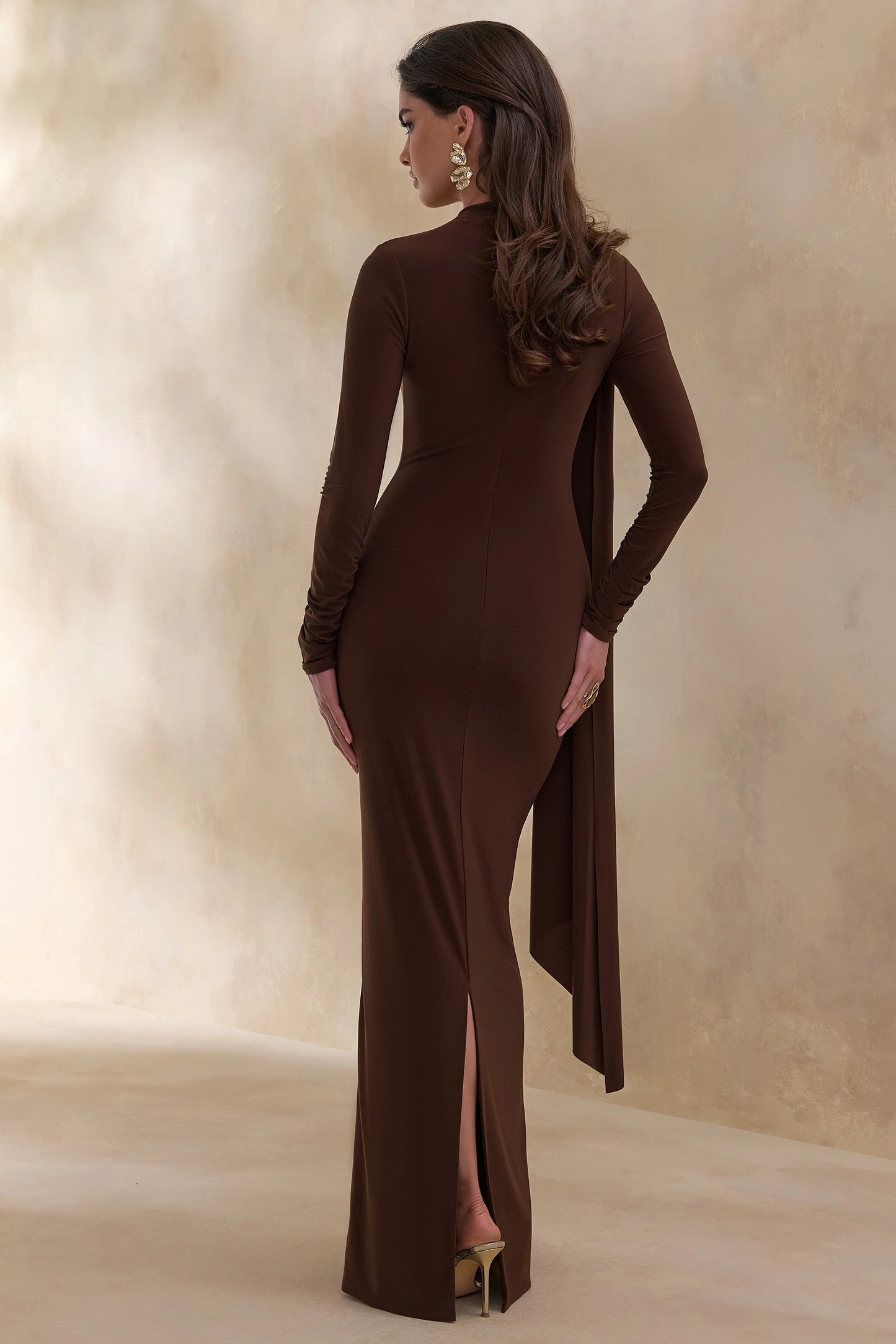 Amaria Brown High-Neck Maxi Dress With Sash-Detail
