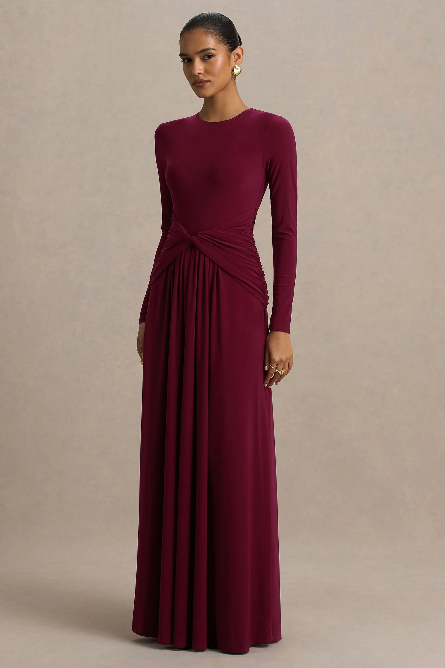 Estrella Berry High-Neck Maxi Dress With Ruched Detailing