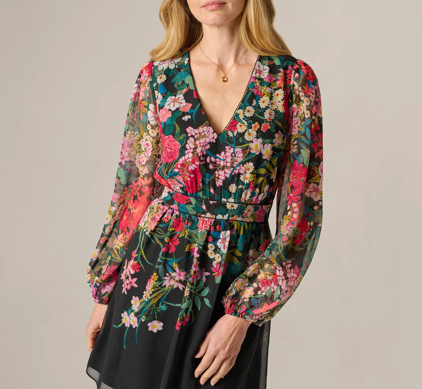 Long Sleeve Wildflower Print Short Dress In Black Multi