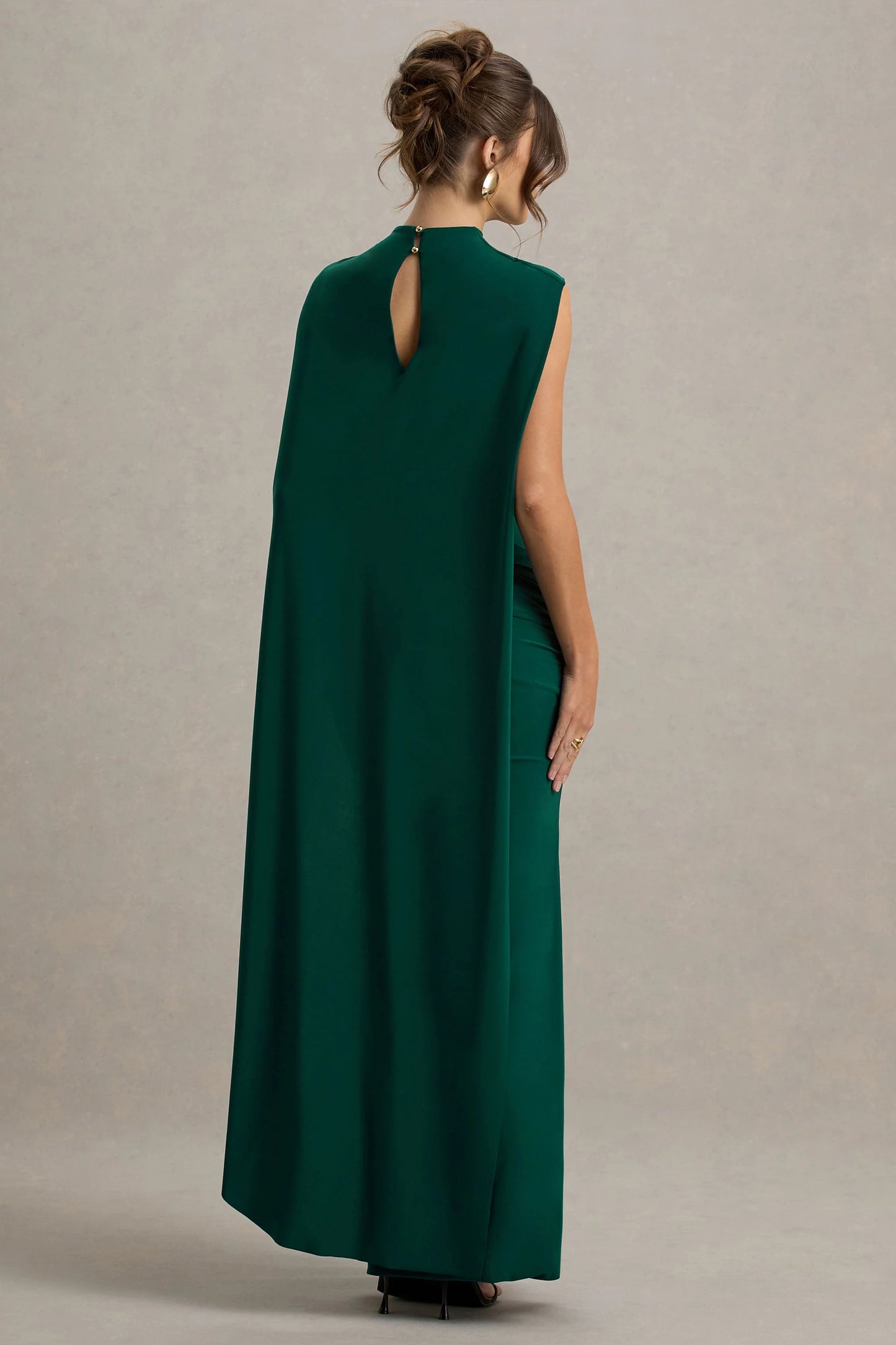 Maeve Bottle Green Cape-Sleeve Draped Maxi Dress
