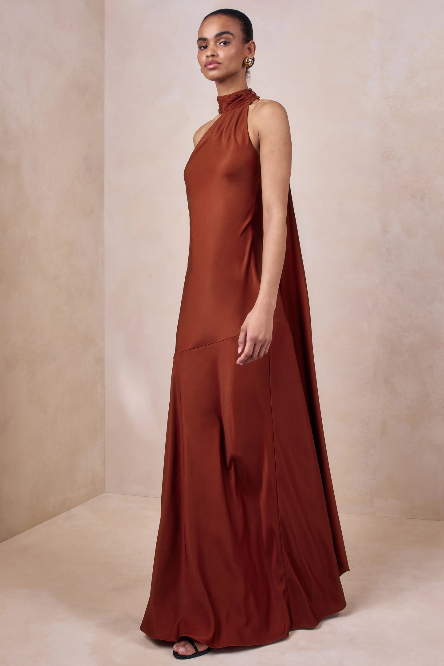 Cara Rust Matte Satin High-Neck Maxi Dress