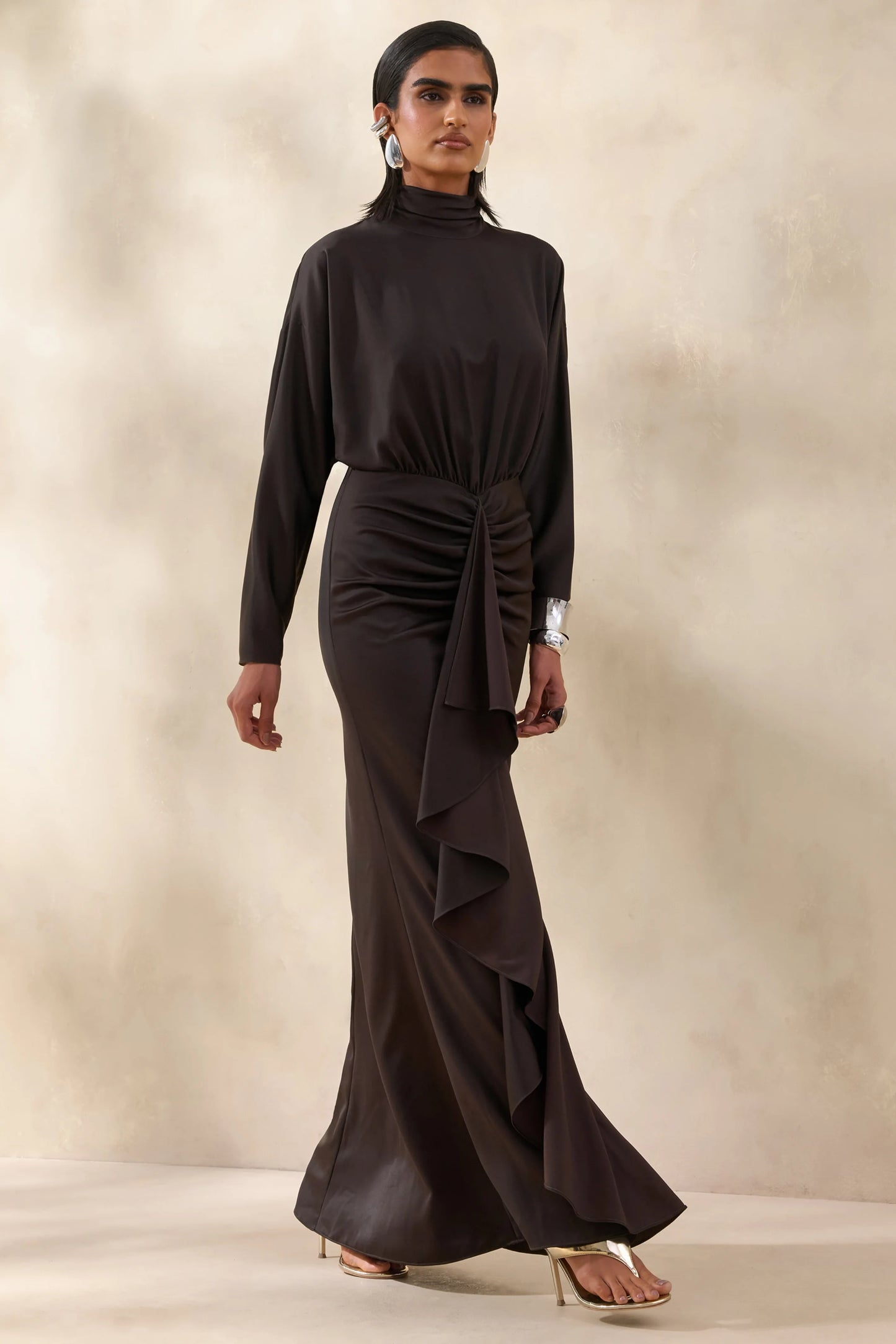 Perla Dark Brown High-Neck Maxi Dress With Gathered-Detailing