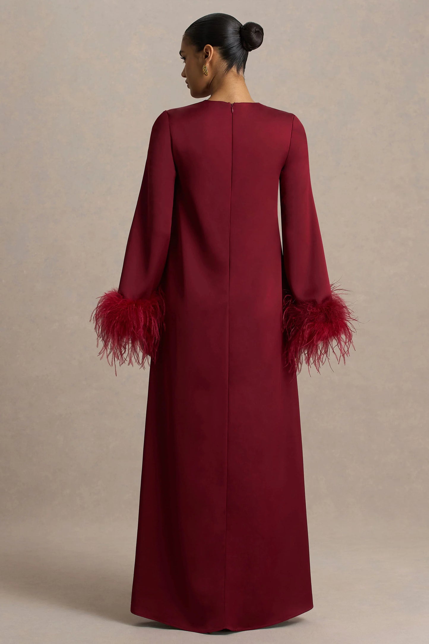 Adella Burgundy Satin Feather-Trim Maxi Dress