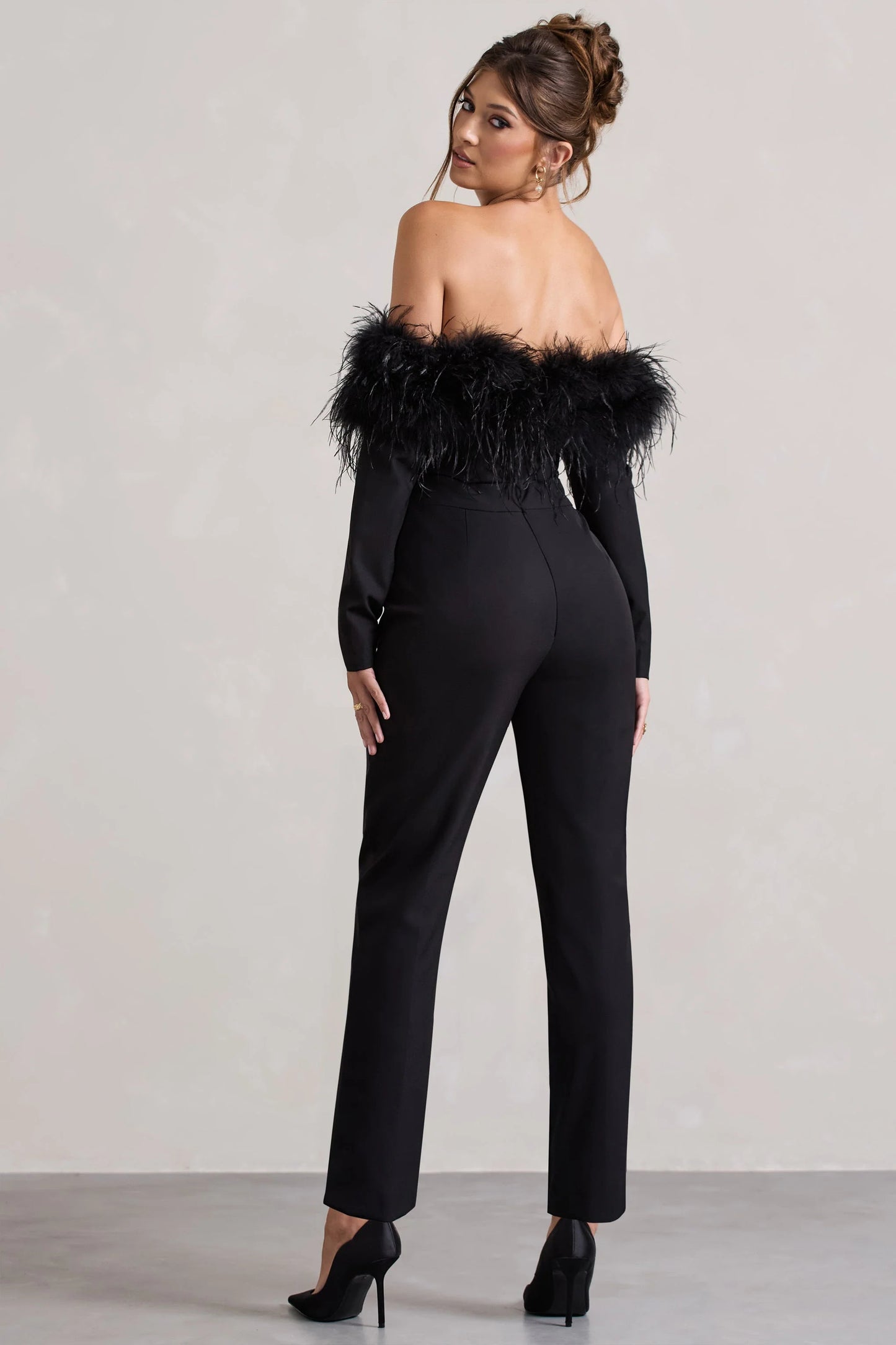 Ales Black Bardot Tailored Straight-Leg Jumpsuit With Feather Trim