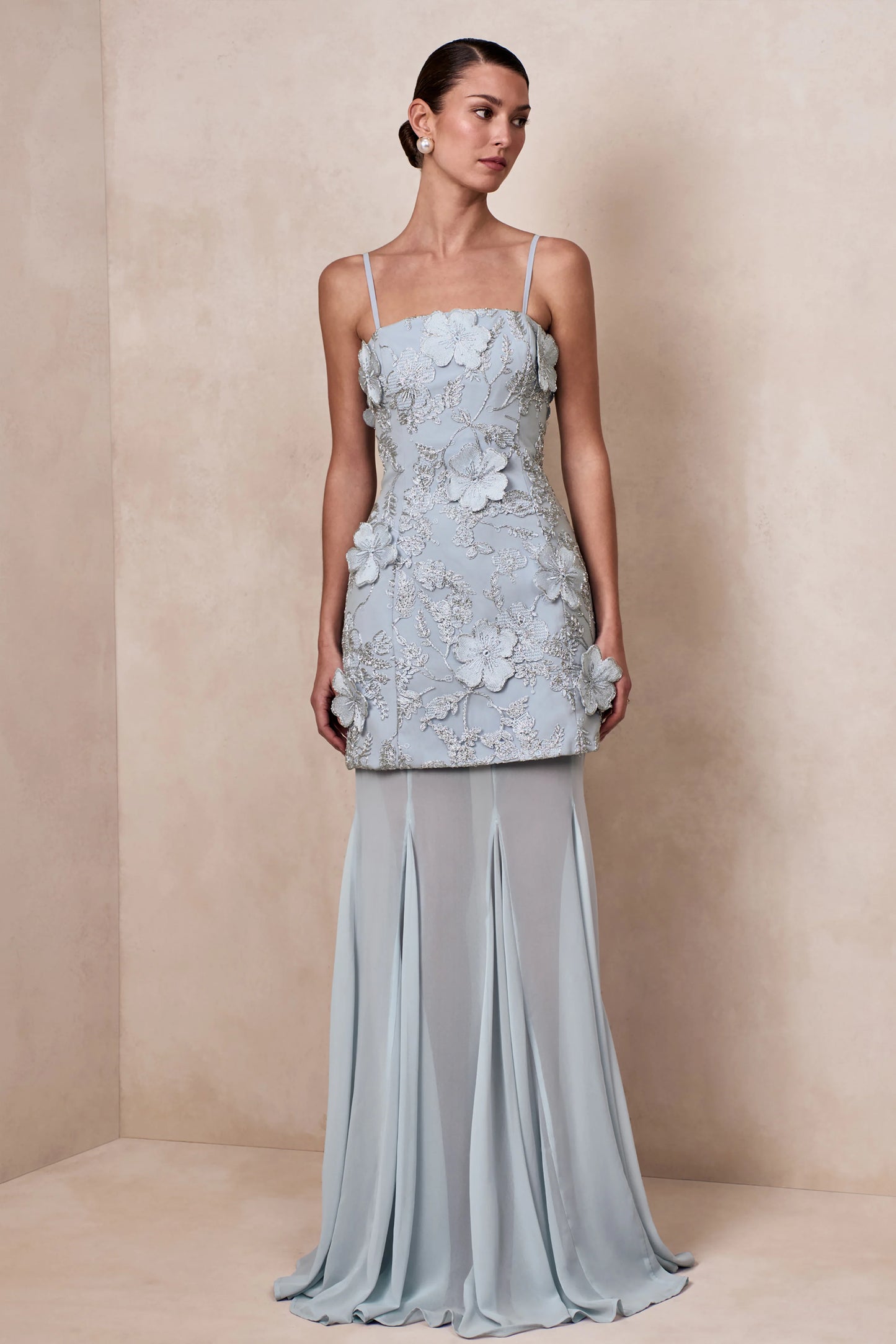 Nessa Light Blue 3D Floral Square-Neck Maxi Dress With Sheer Skirt