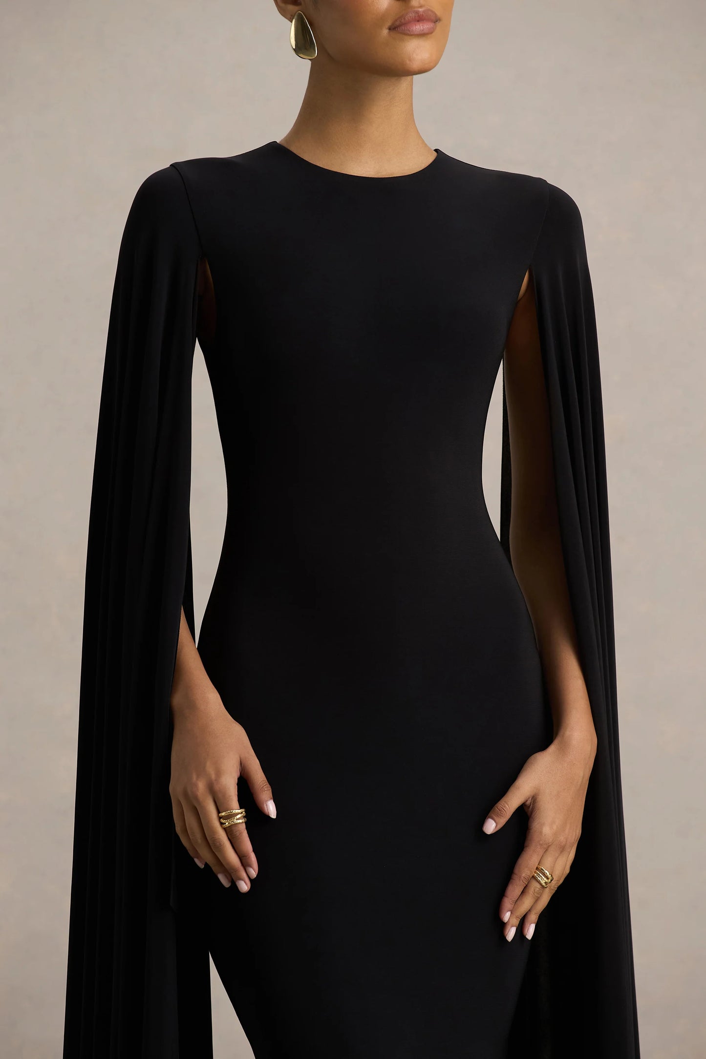 Briony Black Crew-Neck Maxi Dress With Cape Sleeves