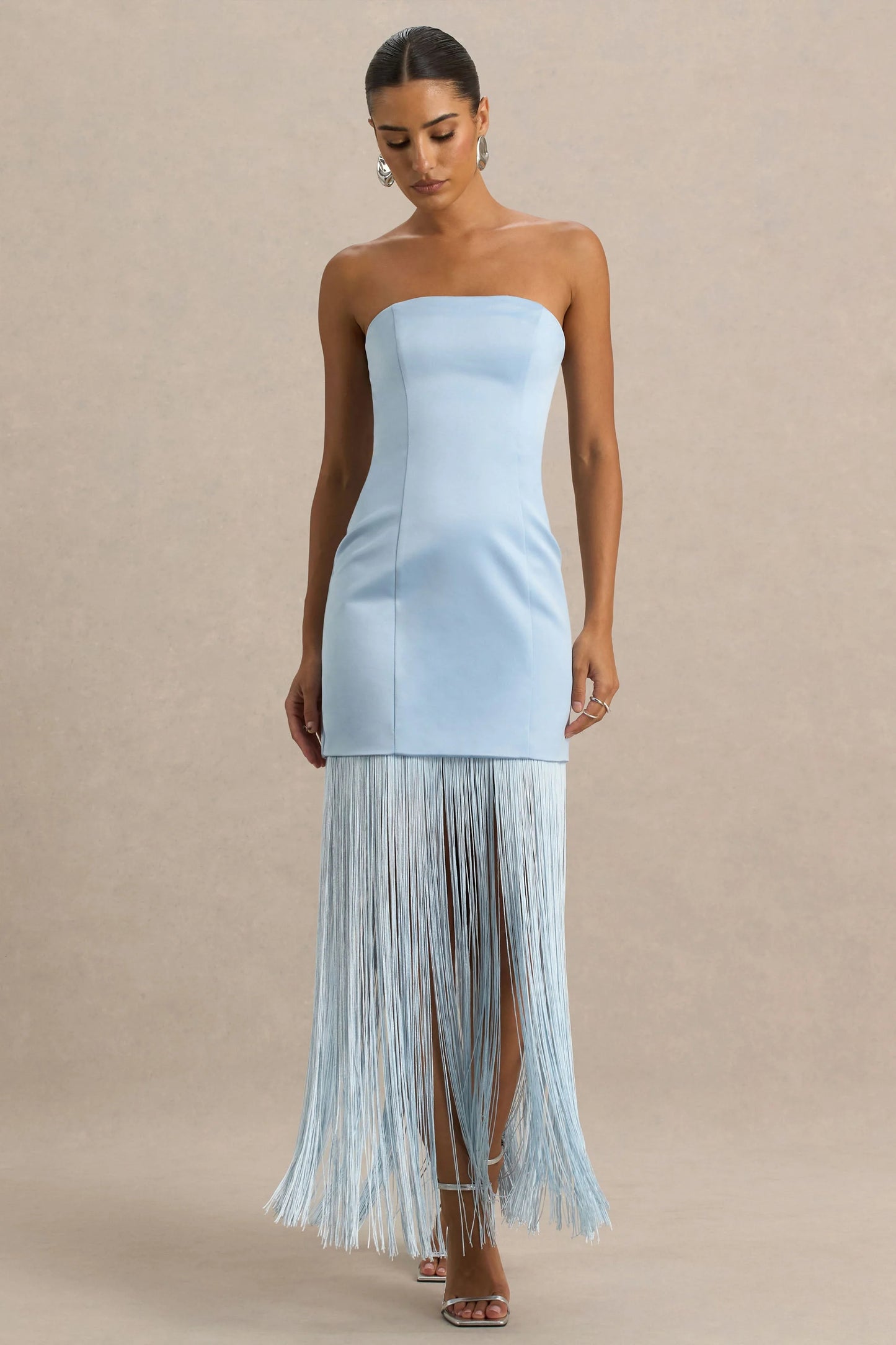 Trinity Powder Blue Satin Bandeau Maxi Dress With Fringe