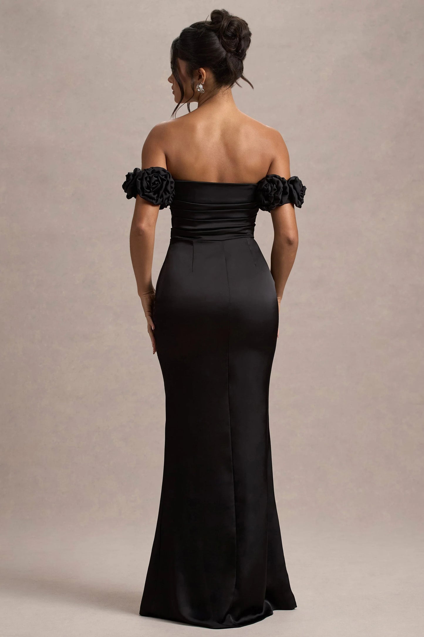 Senseless Black Satin Floral Bardot Maxi Dress