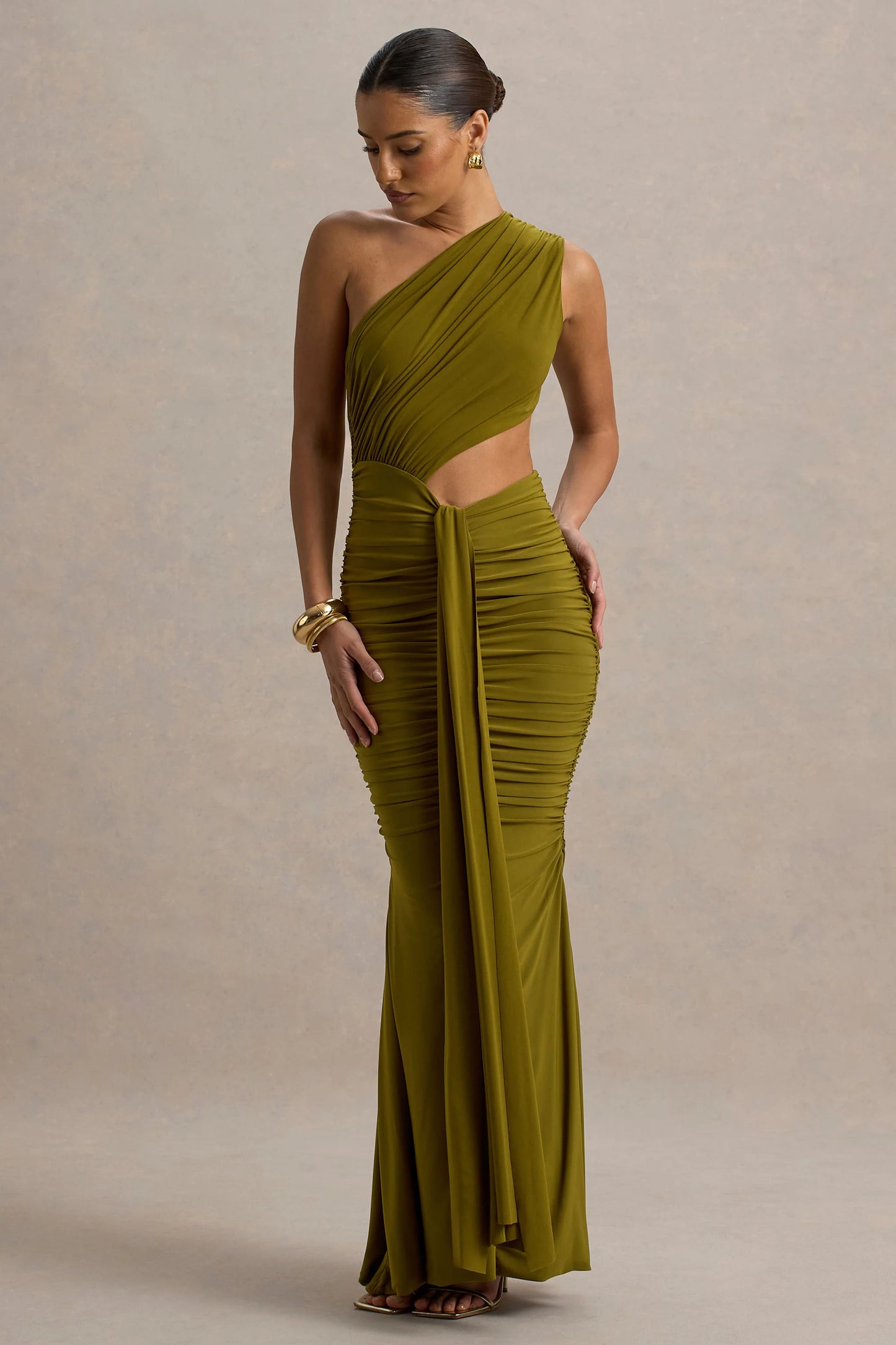Beline Green One-Shoulder Cut-Out Maxi Dress With Drape